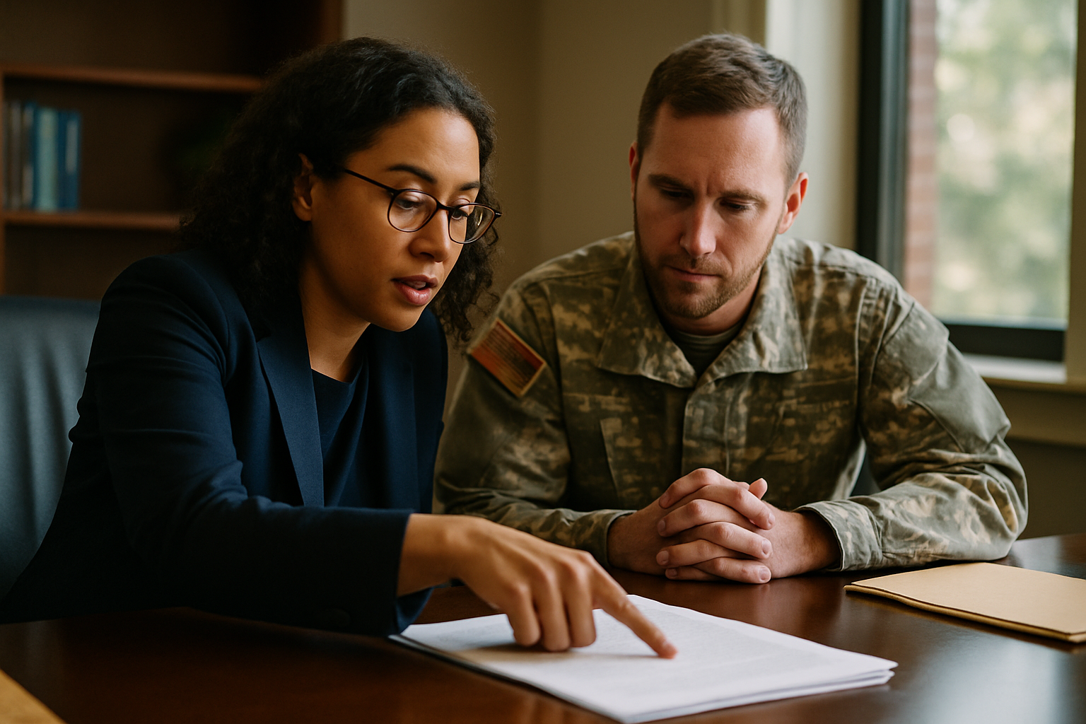 Attorney and client reviewing terms of military divorce settlement agreement together.