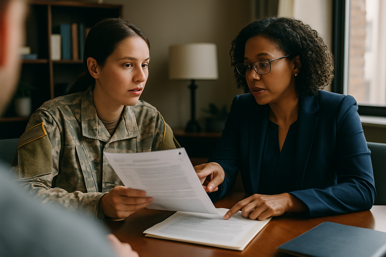 Military spouse and attorney reviewing military service documents at an office desk.