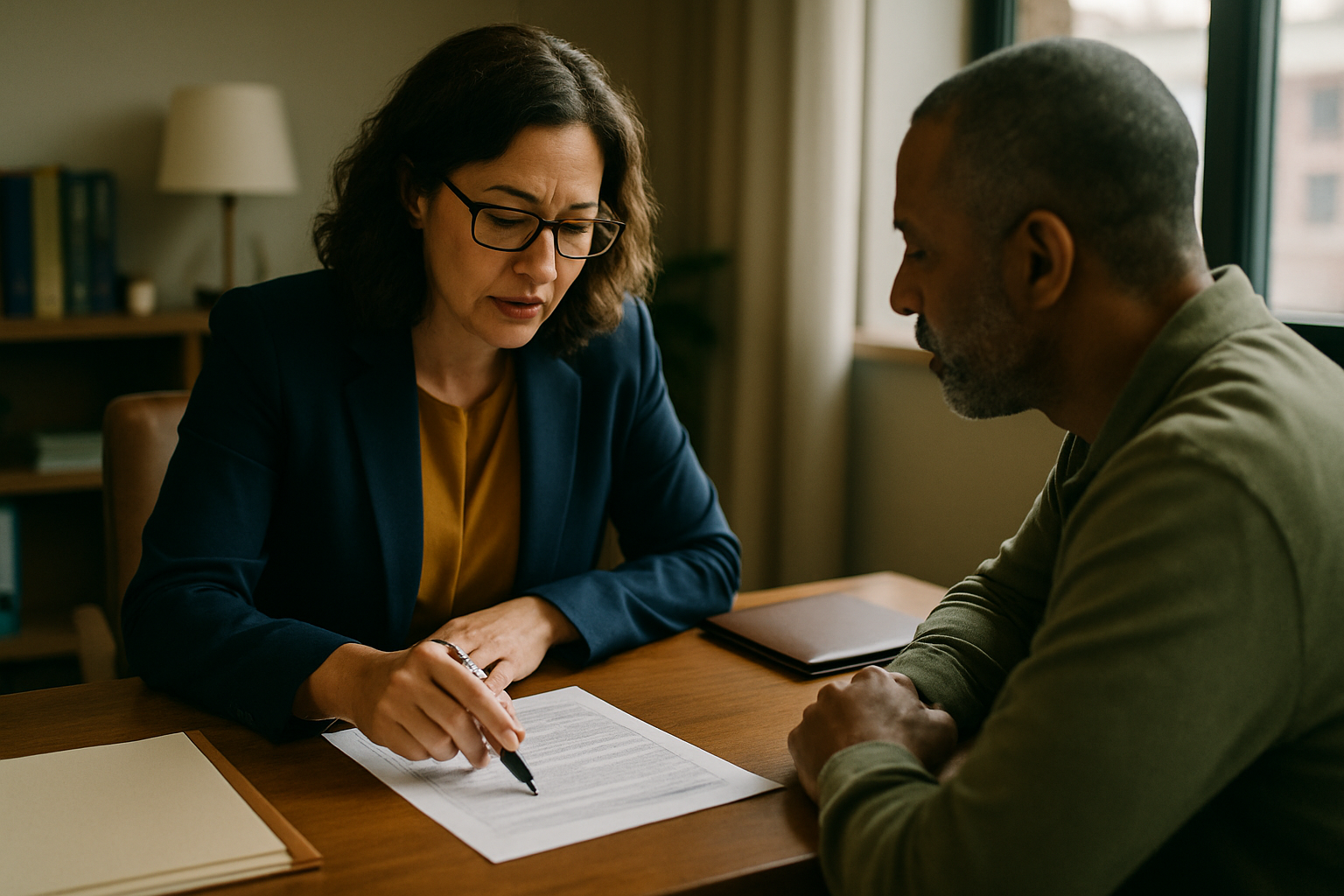 Attorney pointing to military benefits document while speaking with client across desk