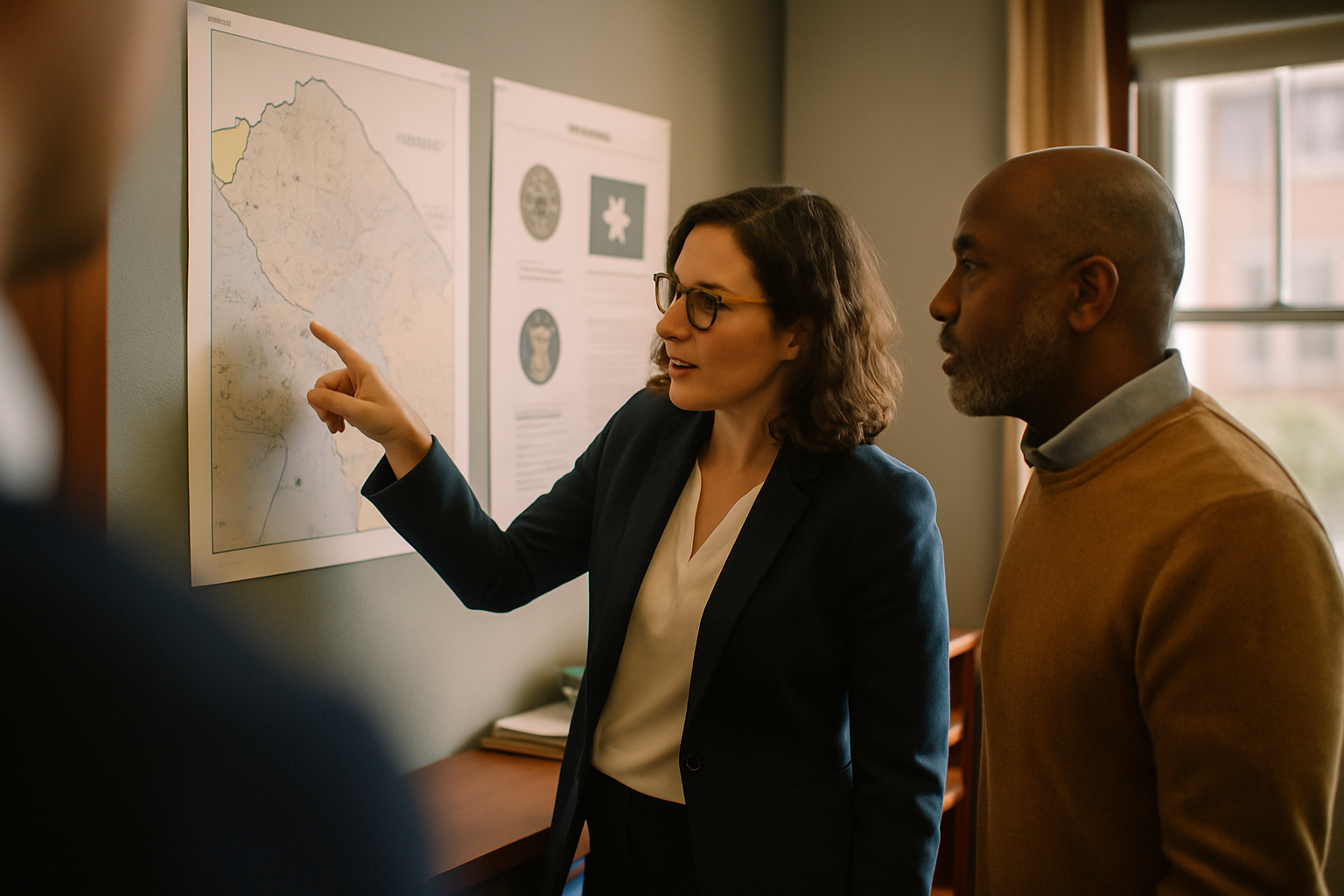 Professional and client reviewing location-based information while standing