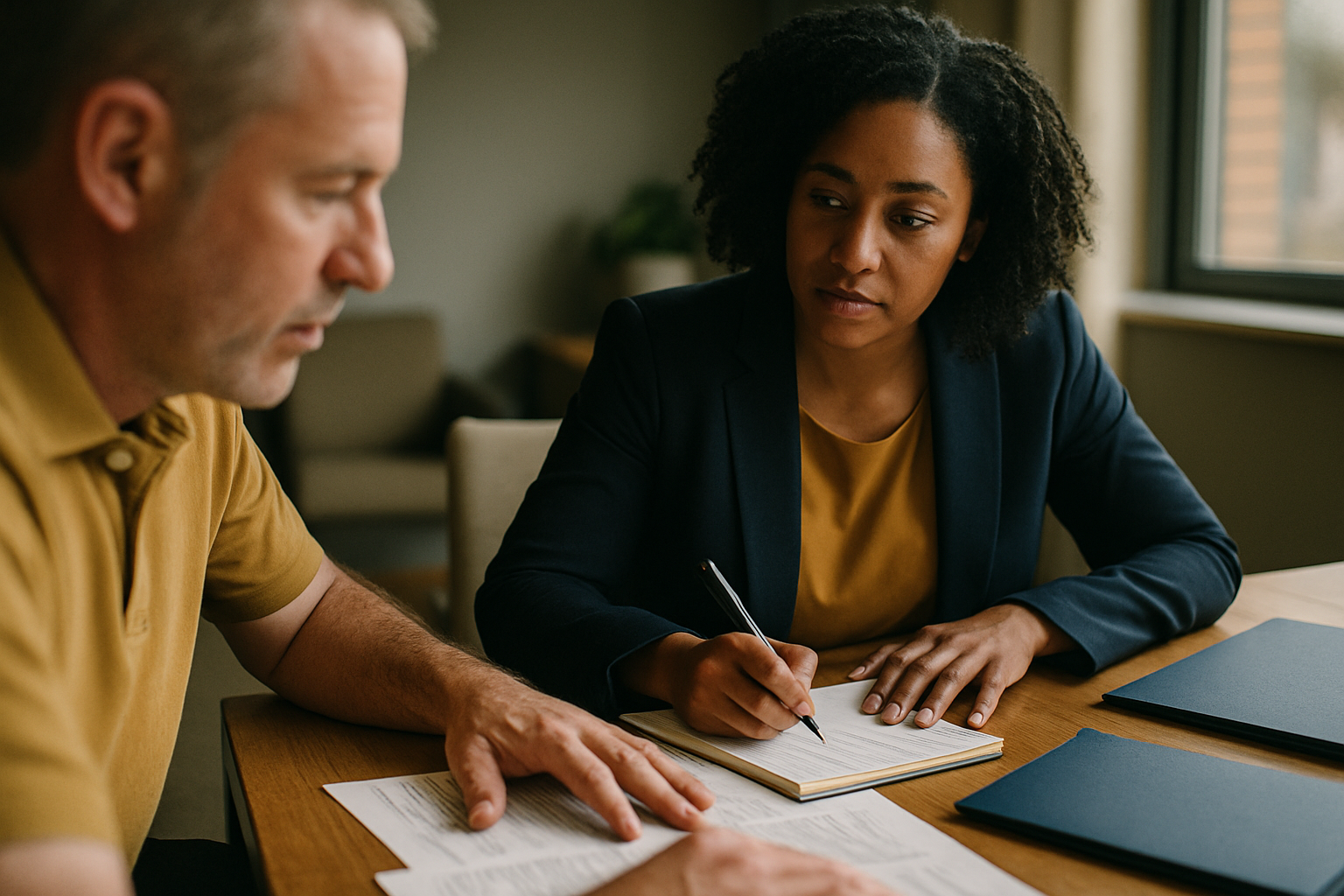 Client organizing military financial and custody documents at home