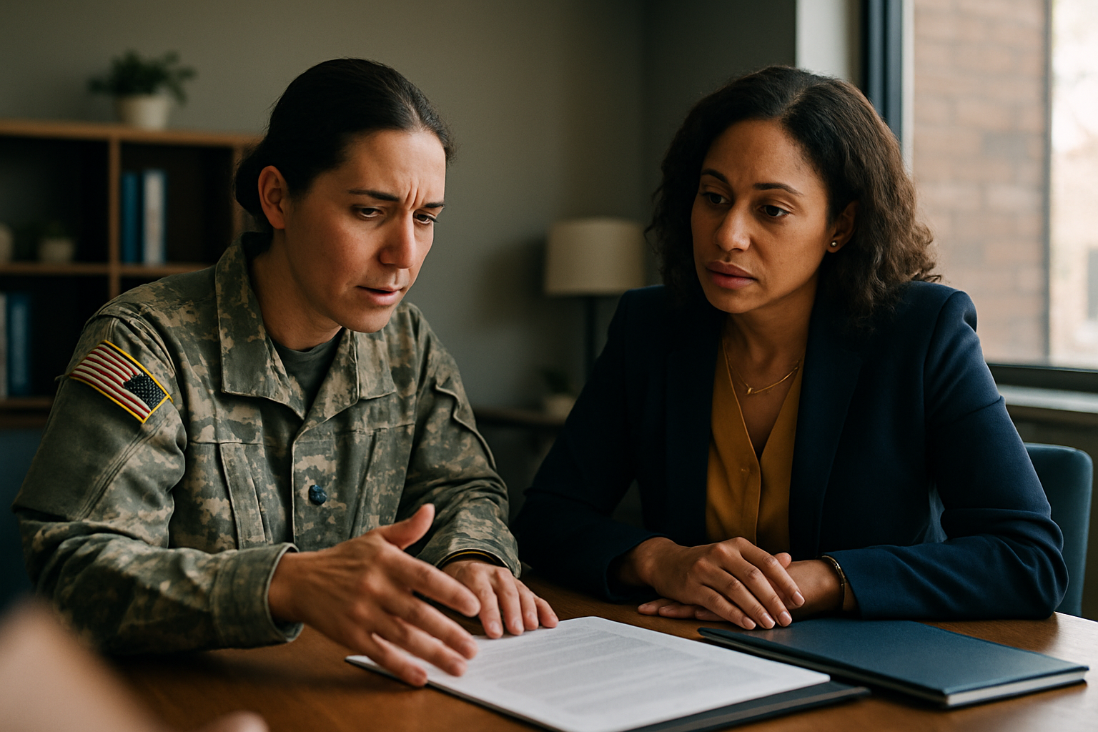 Military spouse and attorney reviewing paperwork at a desk in a law office