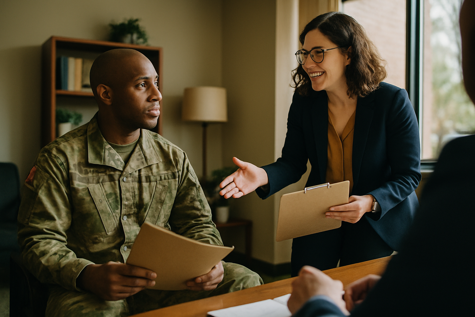 Military personnel holding a folder while being greeted by office staff in a law office
