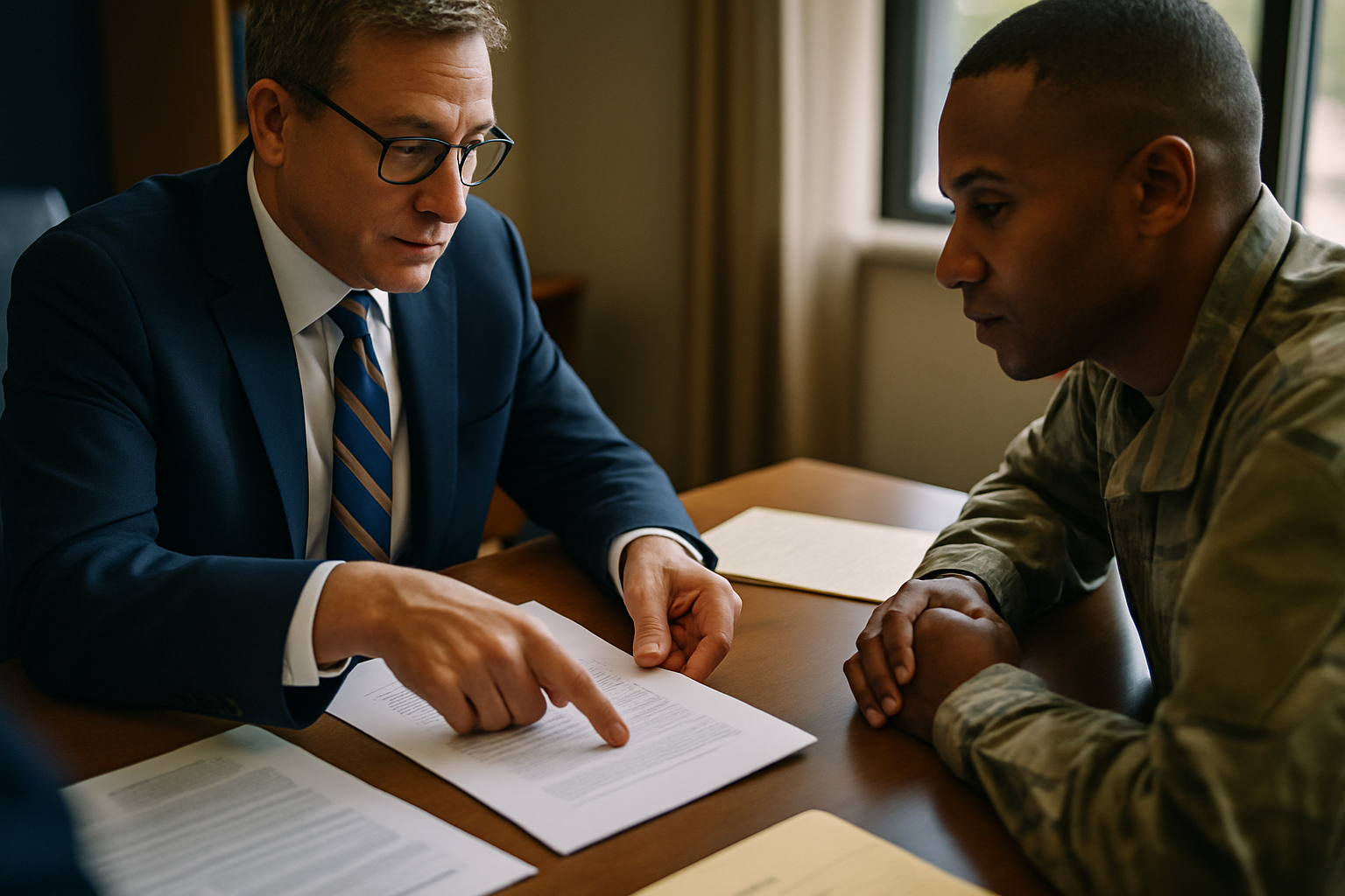 Lawyer and client reviewing military-specific divorce documents at a desk