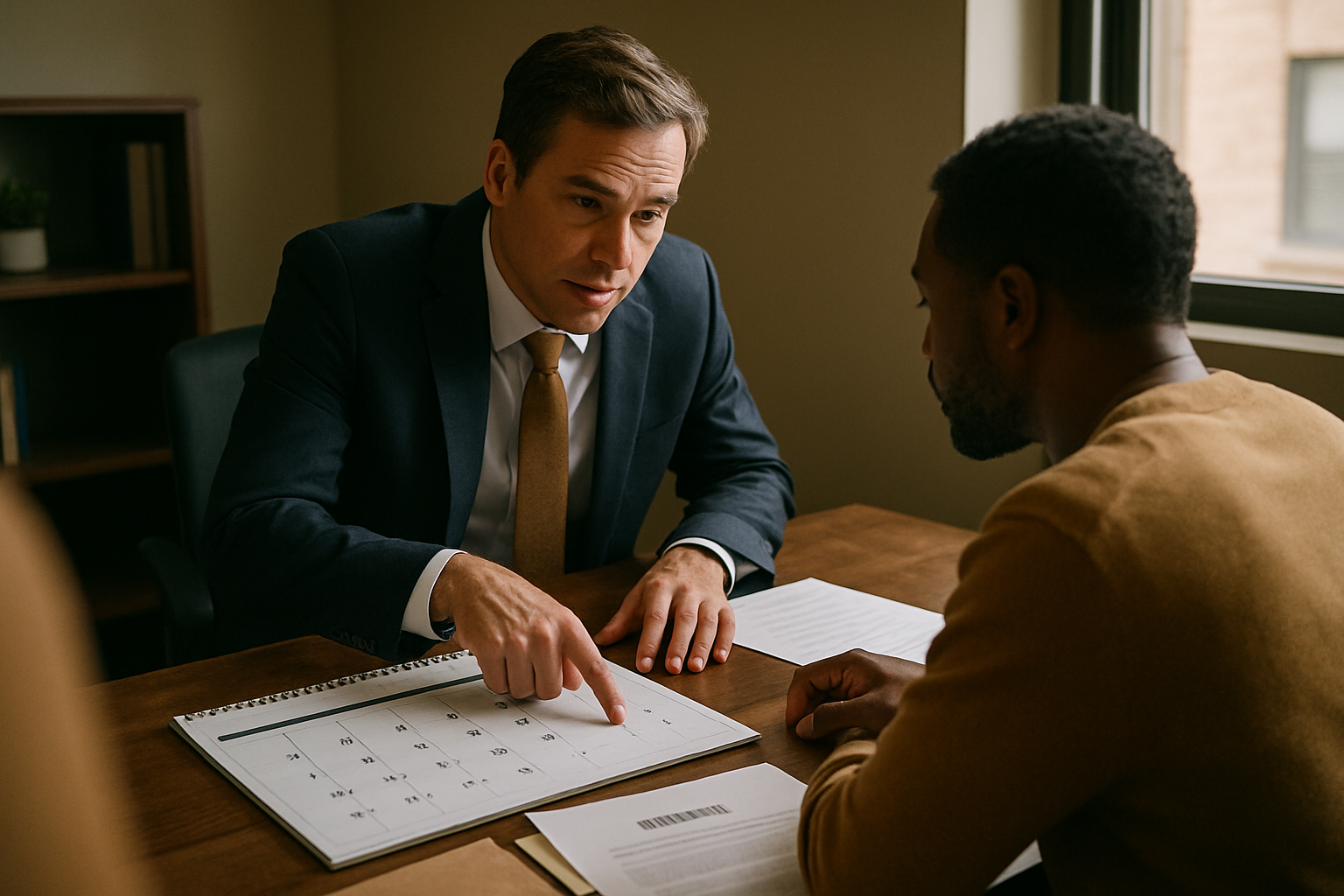 Attorney discussing filing deadlines and jurisdiction with client, with calendar and court documents visible