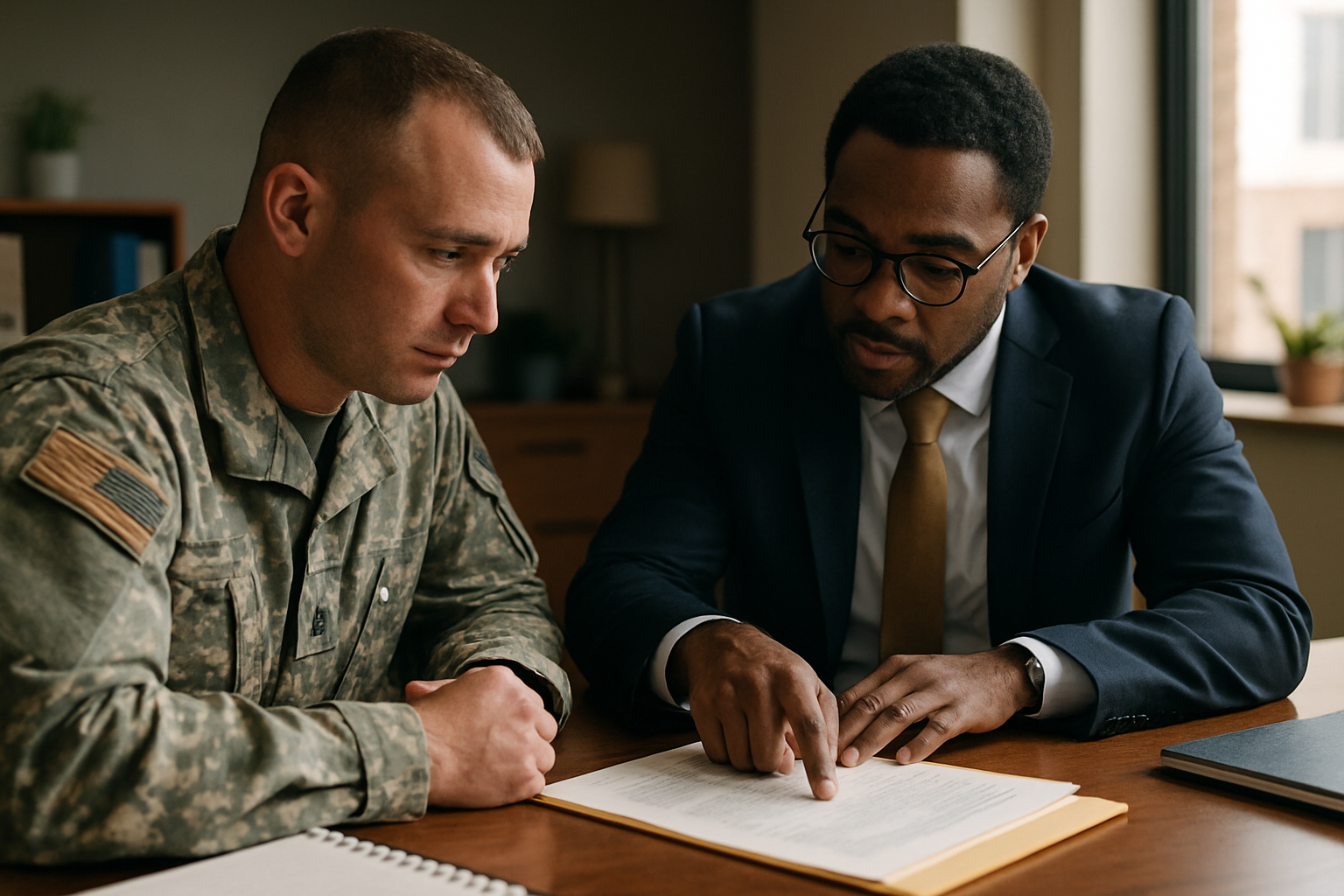 Service member in uniform and attorney reviewing legal documents across a desk in an office