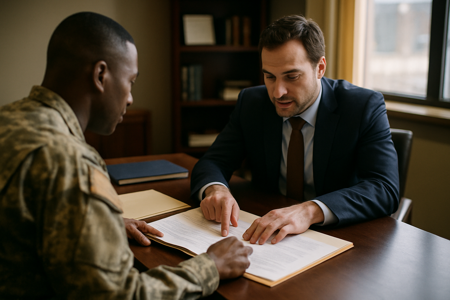 Military service member and attorney reviewing paperwork across an office desk.