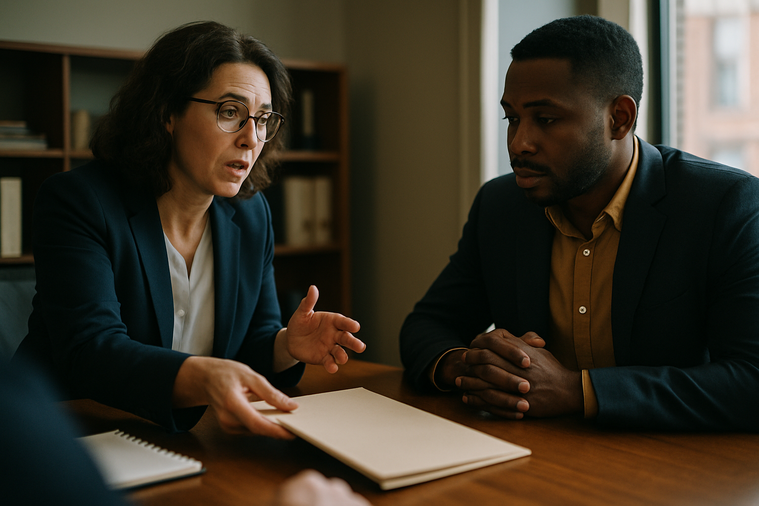 Lawyer and client at desk, lawyer gesturing toward open file folder.