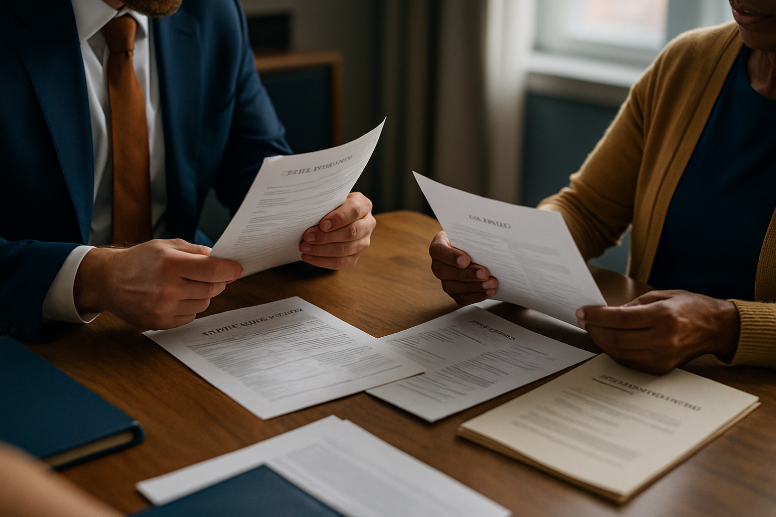 Hands holding and reviewing multiple pages of financial or legal documents.