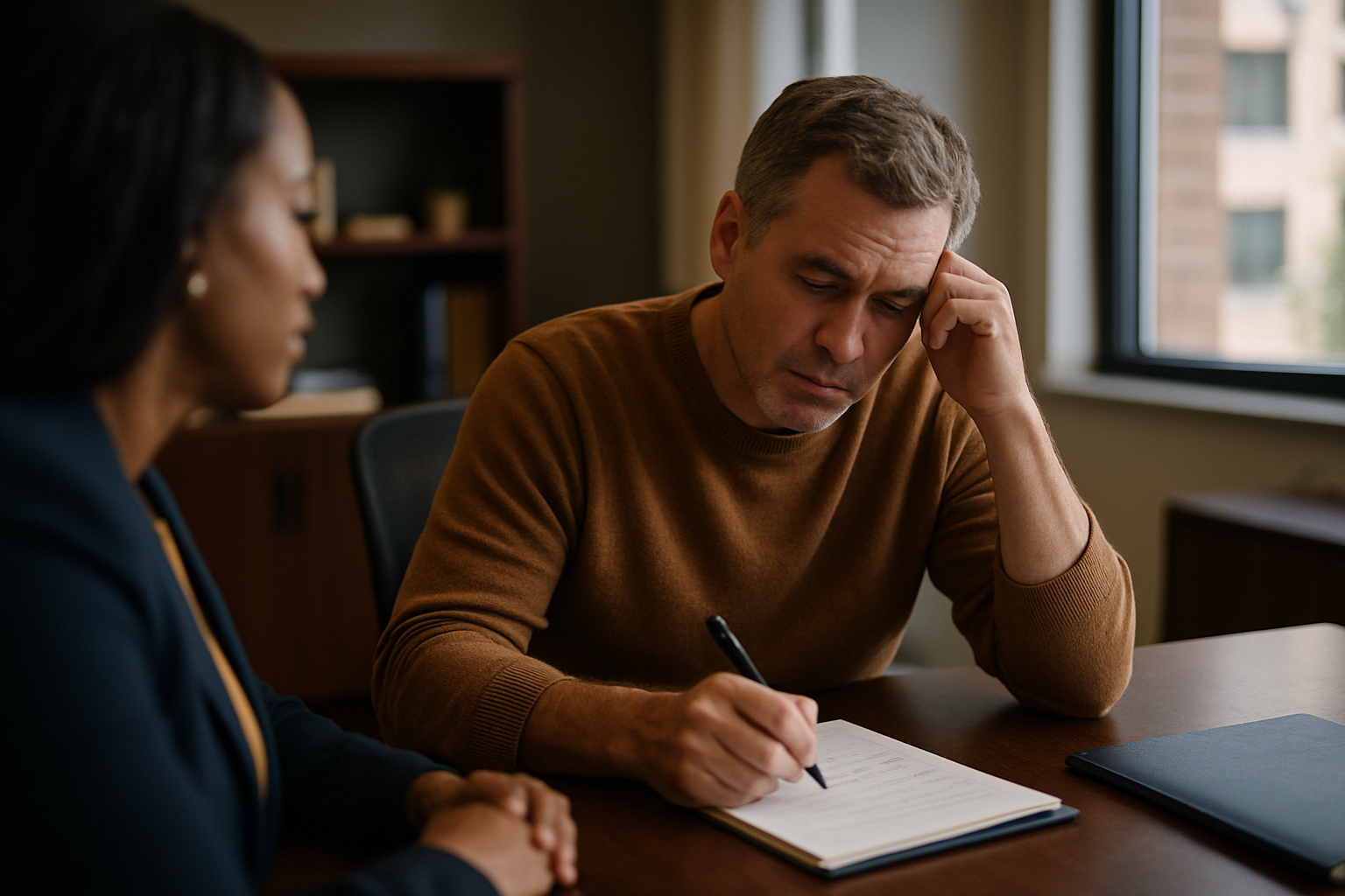 Person at table with notepad, pen in hand, working through written notes.