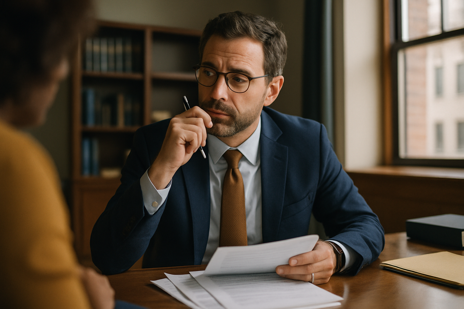 Professional sitting at desk with papers and pen, looking down thoughtfully.