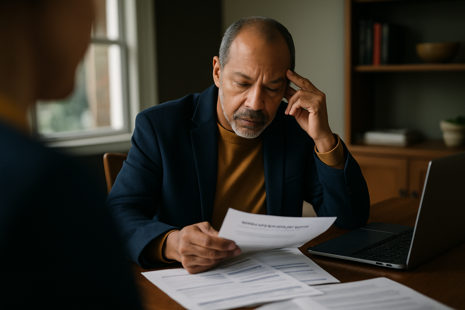 Person at home reviewing retirement account statements and paperwork