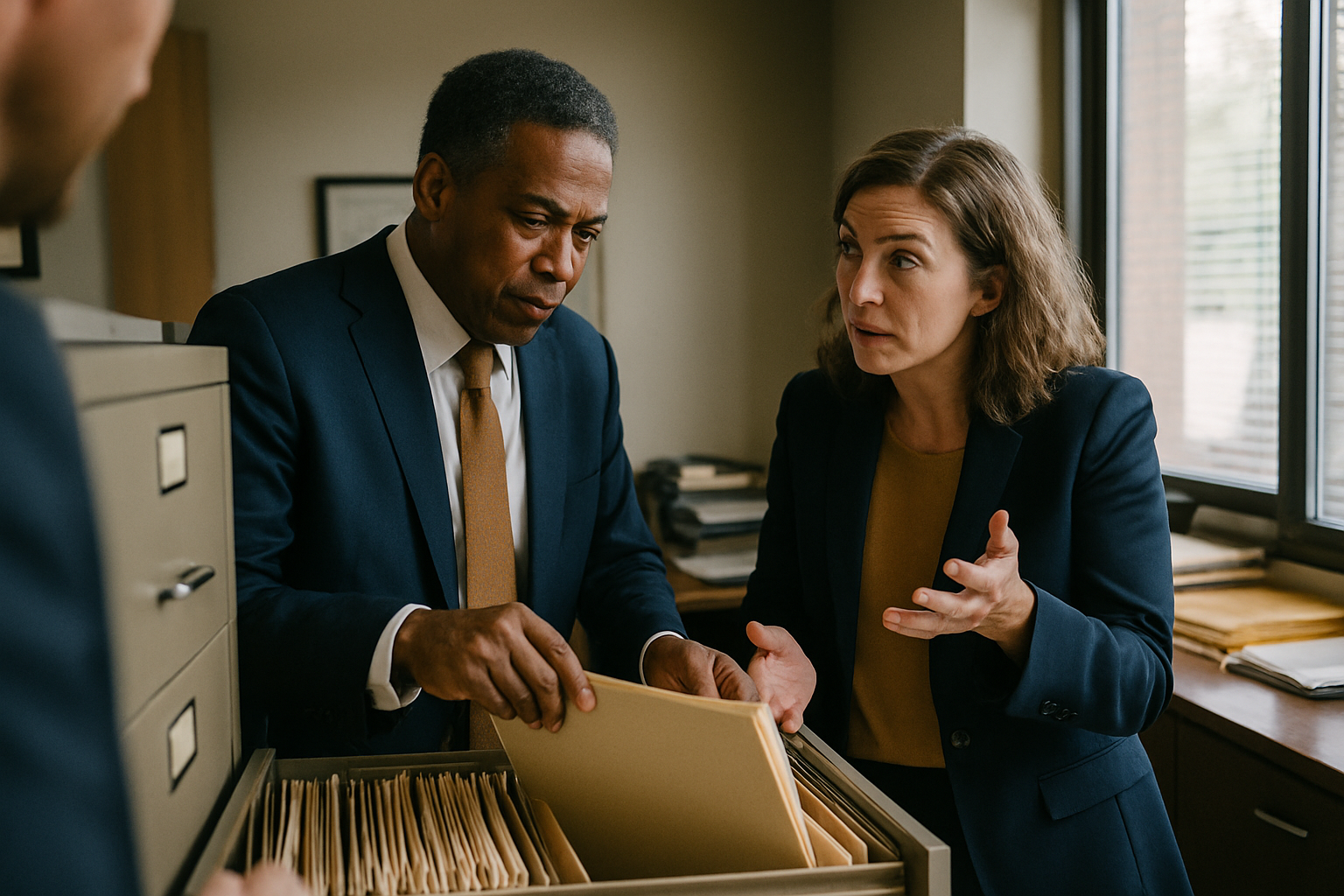 Two lawyers consulting over case files at a filing cabinet