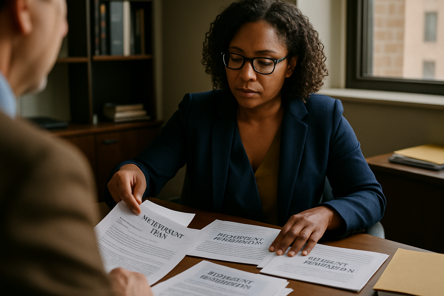 Paralegal organizing different types of retirement account documents on a desk
