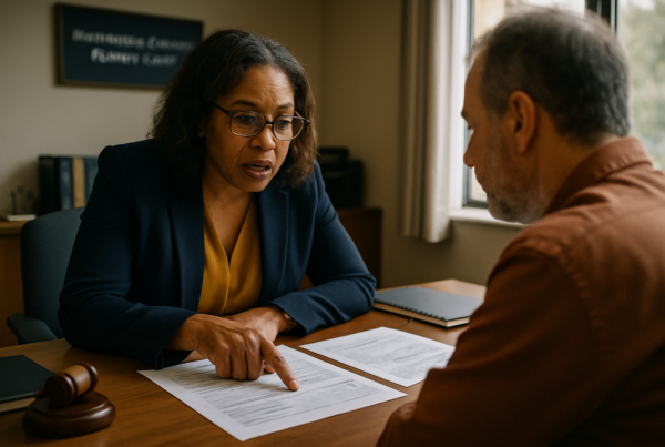 Attorney and client reviewing retirement account documents across a desk in an office