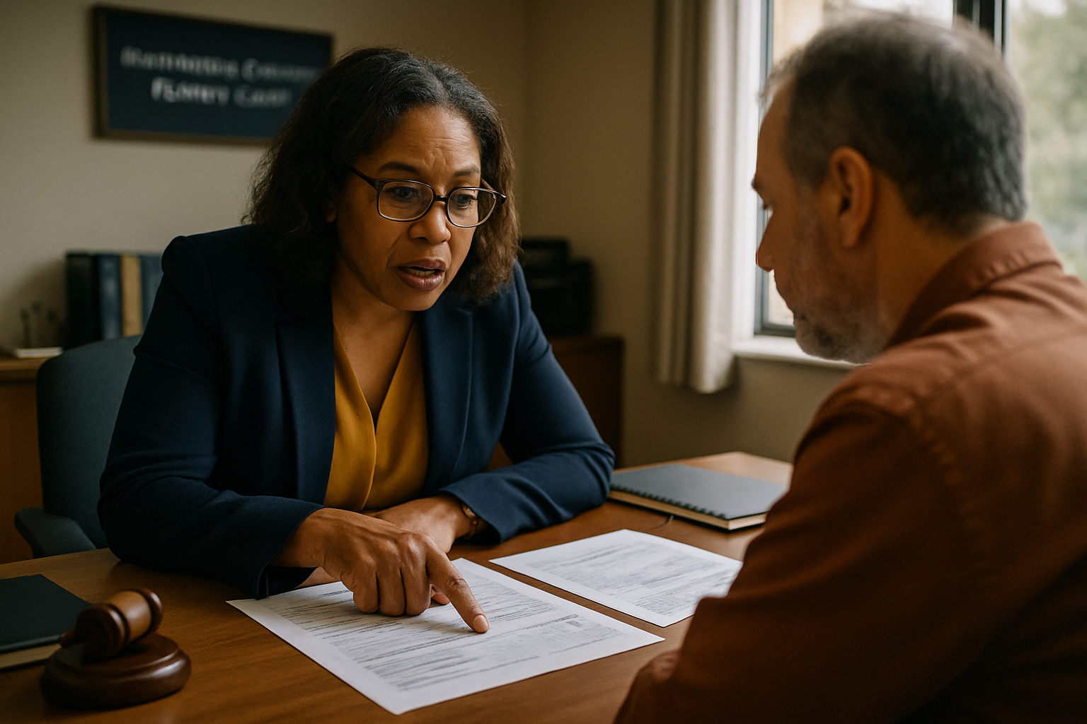Attorney and client reviewing retirement account documents across a desk in an office