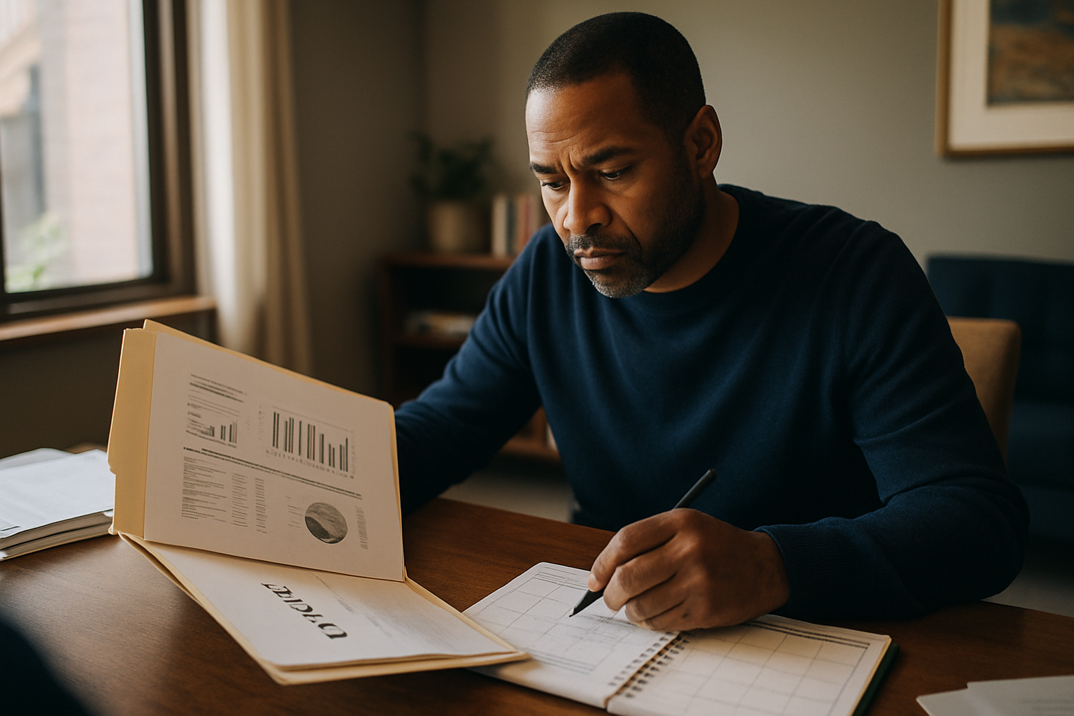 Person at home reviewing retirement and financial documents with notes