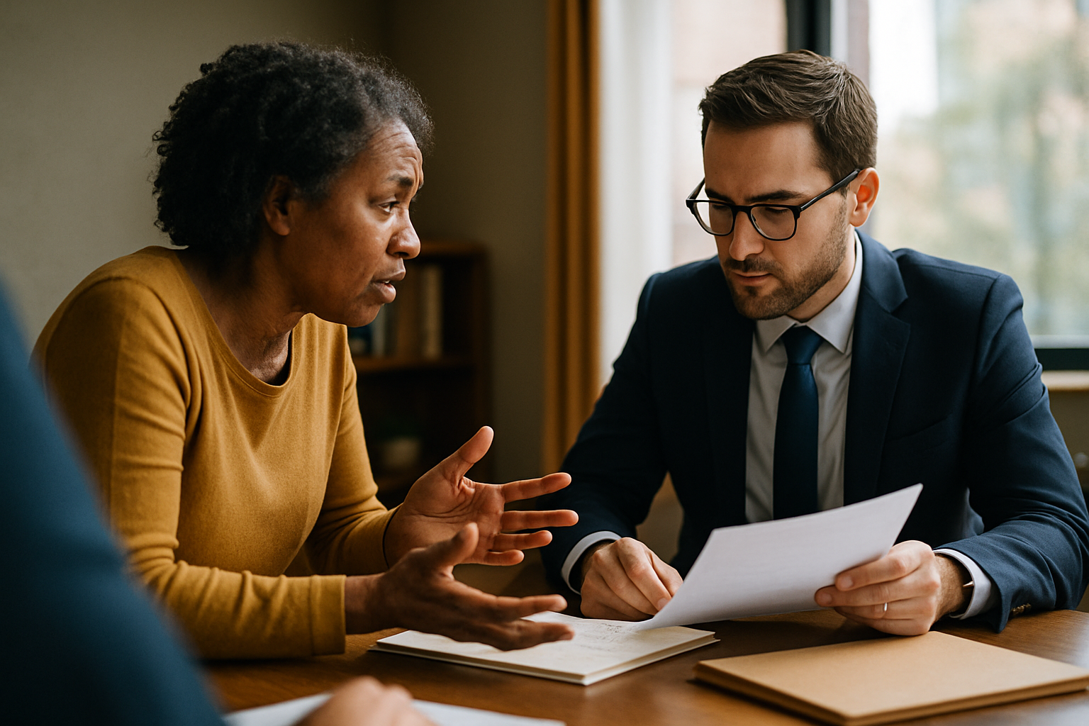 Client explaining priorities during divorce consultation with attorney