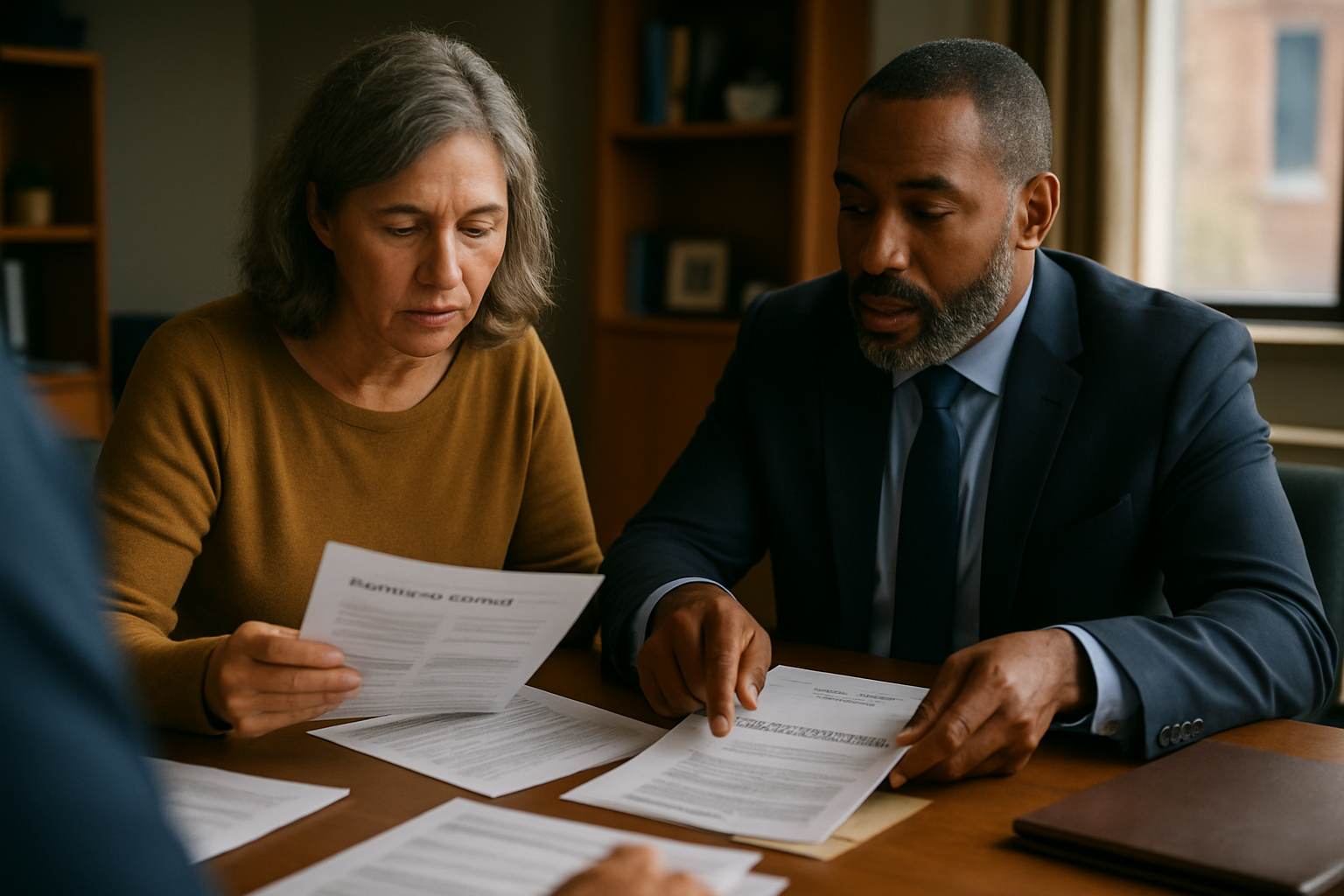 Client and attorney consulting over retirement account papers at a desk
