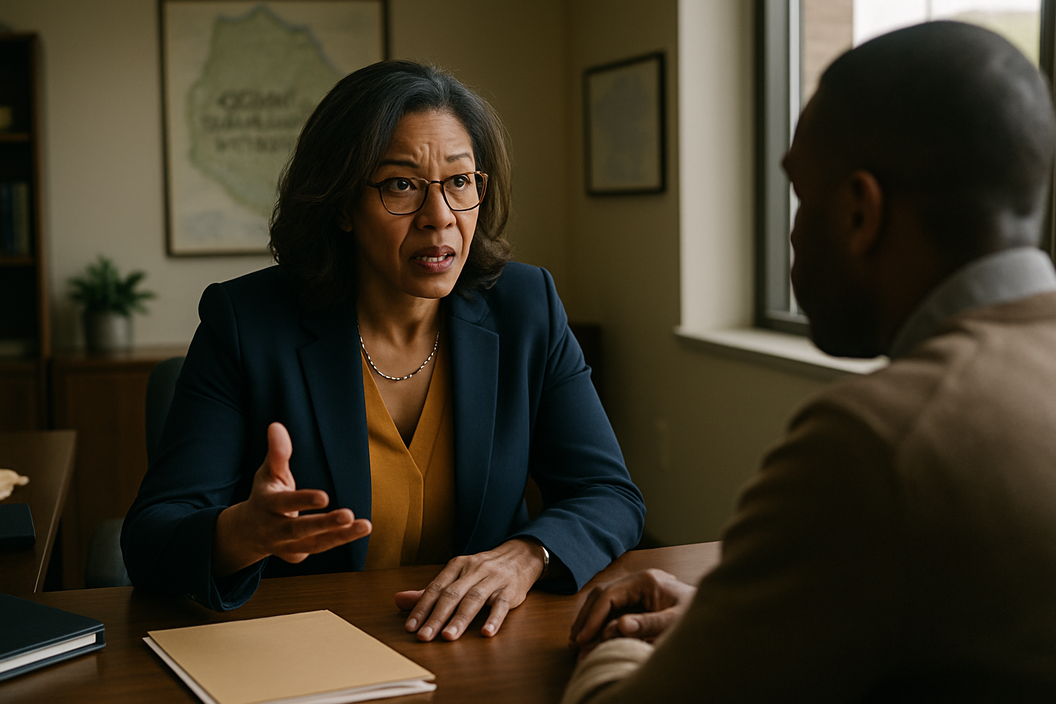 Attorney in office speaking with client, local setting visible in background.