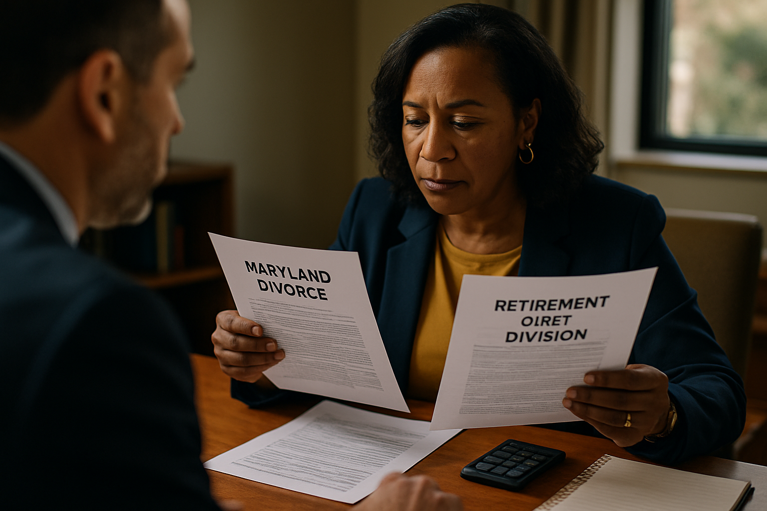 Client reviewing Maryland divorce documents about retirement asset division.
