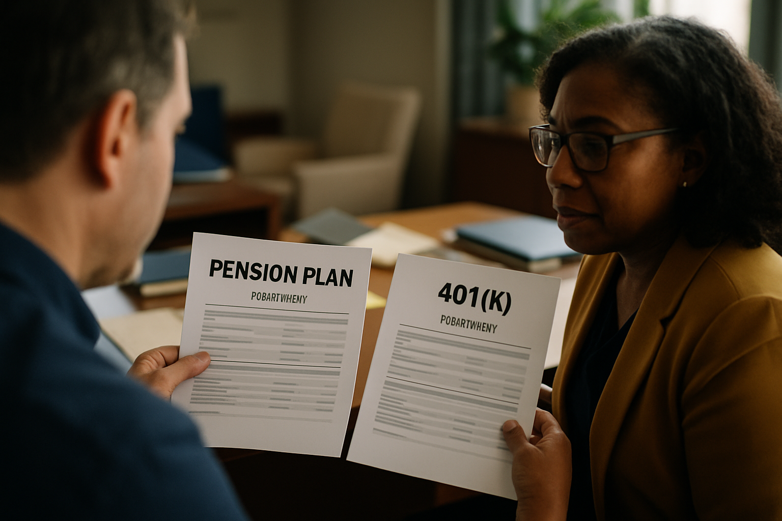 Hands comparing a pension statement and a 401(k) statement side by side.