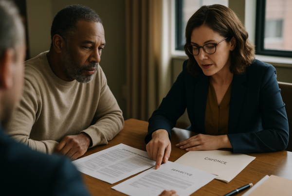 Client and attorney at desk reviewing retirement and divorce paperwork together.