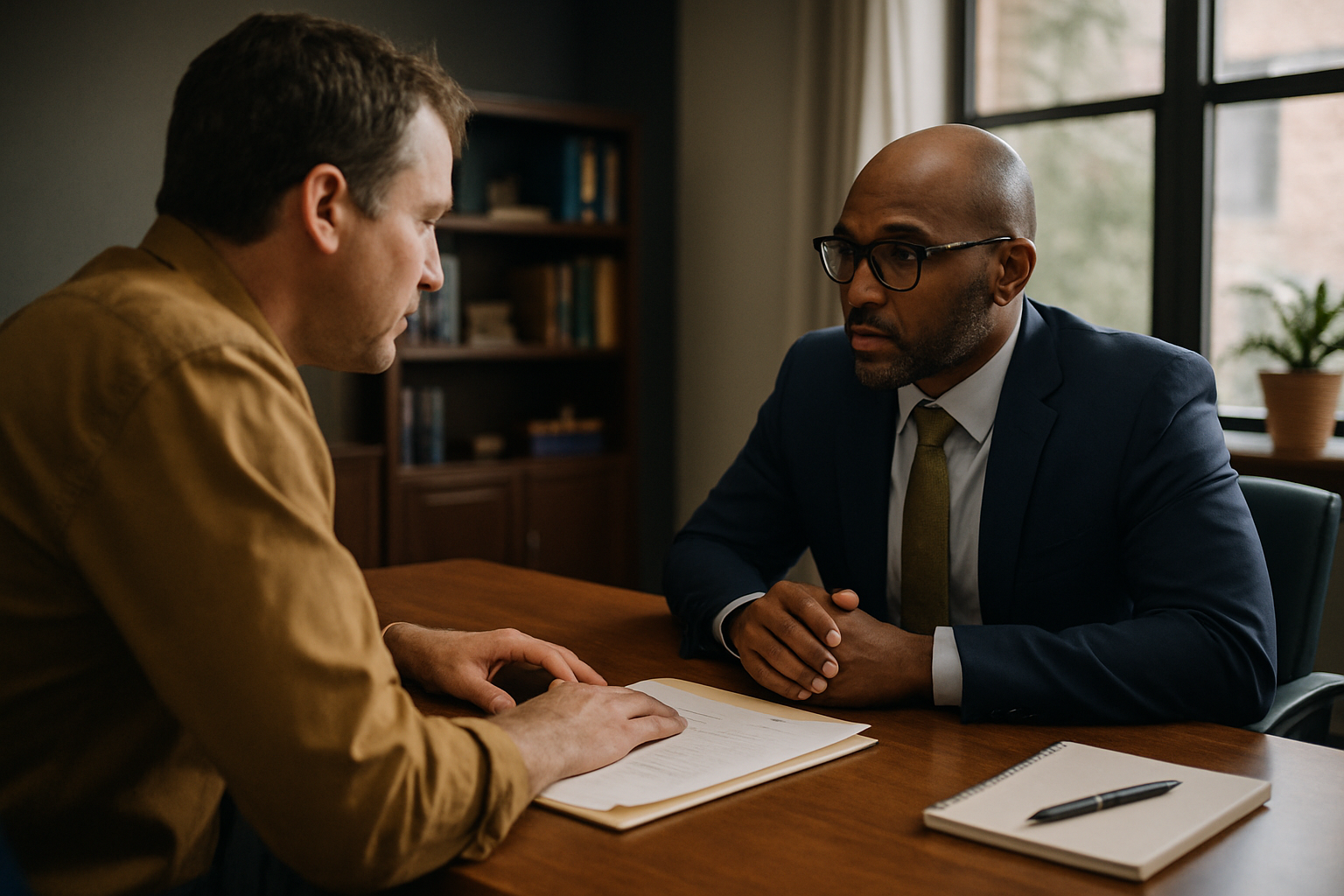 Client and attorney at desk during initial divorce consultation in office setting.