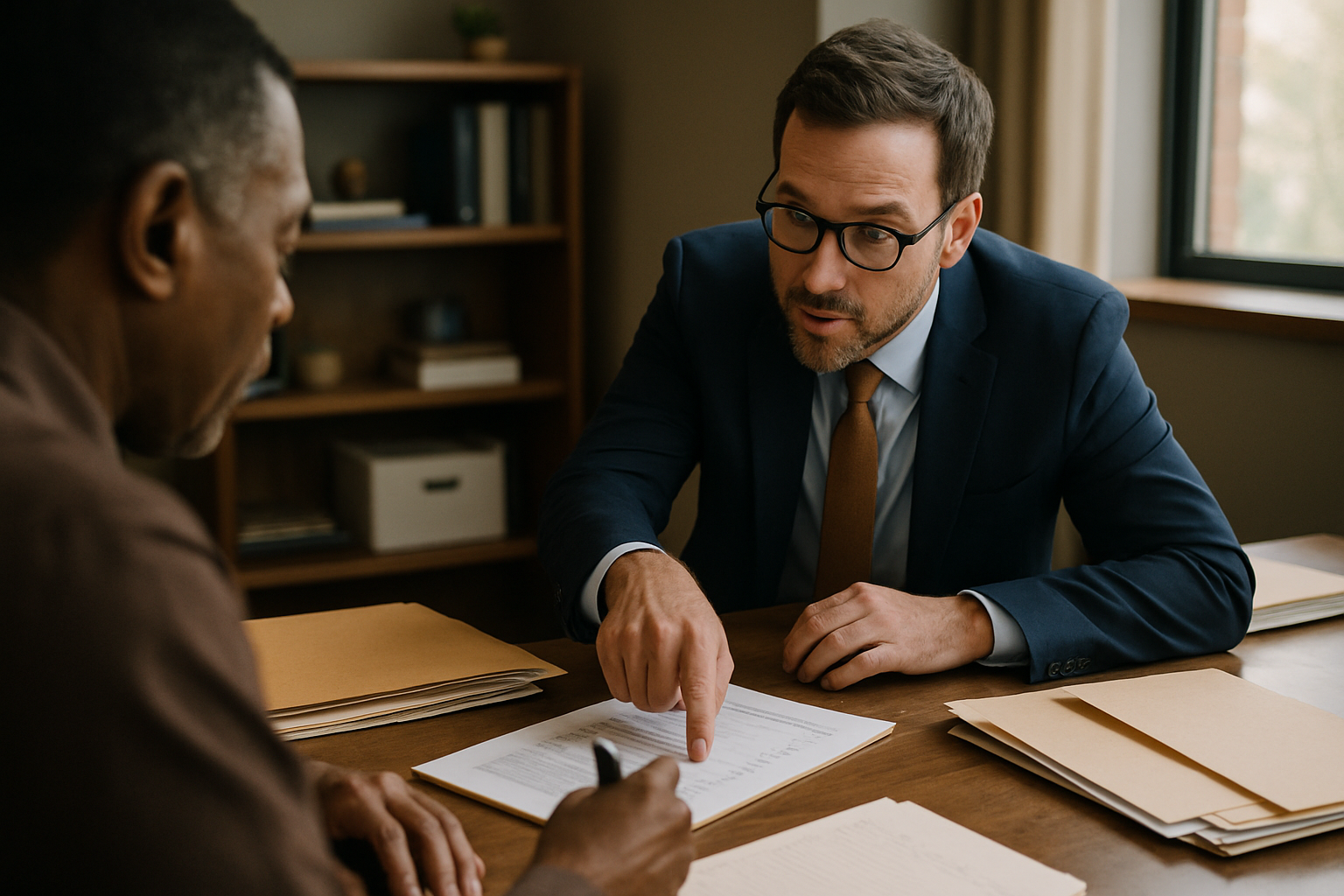 Attorney and client at desk reviewing documents together