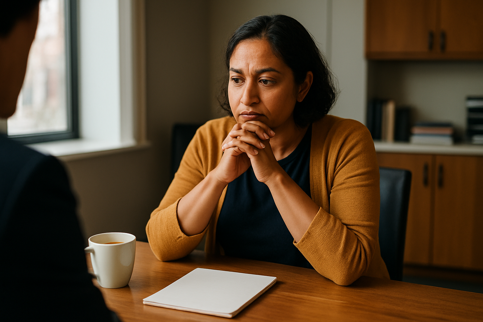Parent at kitchen table pausing thoughtfully with cup of tea nearby