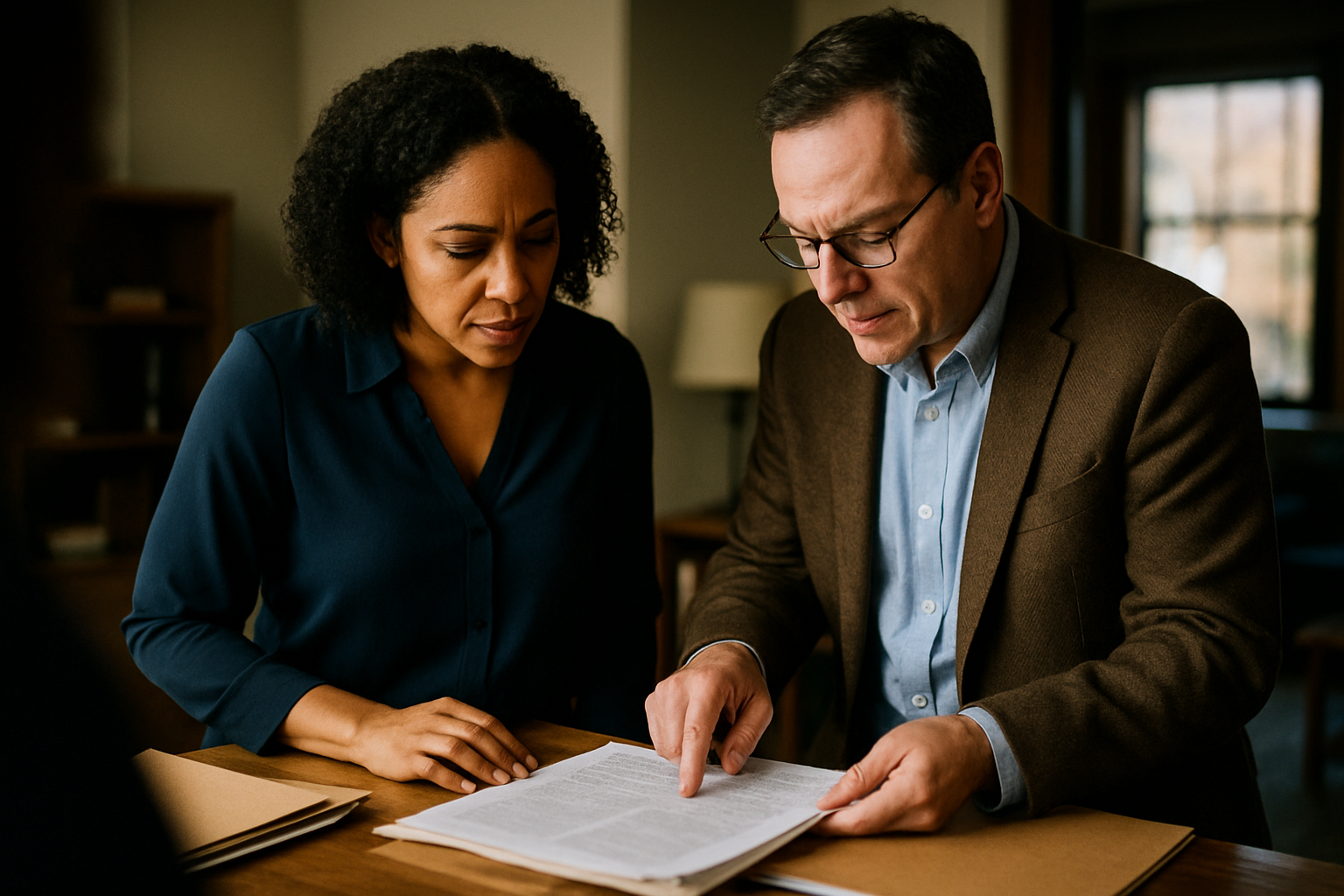 Two professionals standing at table reviewing pages of a custody document