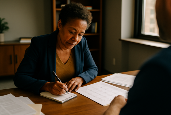Parent at desk writing in notepad with calendar and papers in front of them