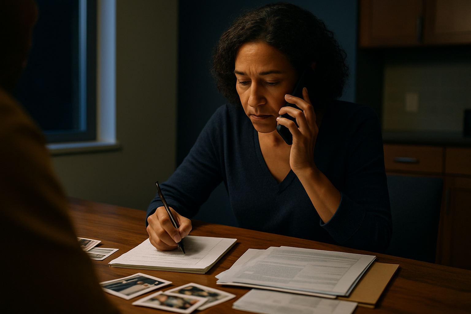 Person at home table writing notes by phone, with family photos and dated papers spread in front of them.