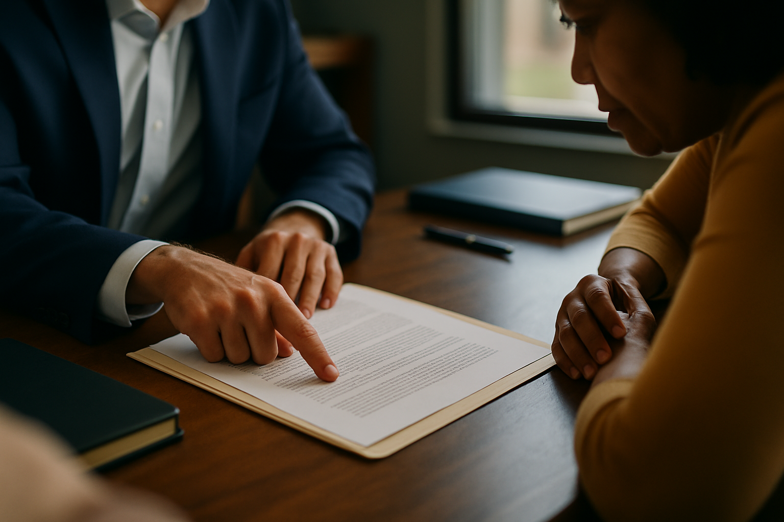 Hands pointing at document text during legal explanation across table.