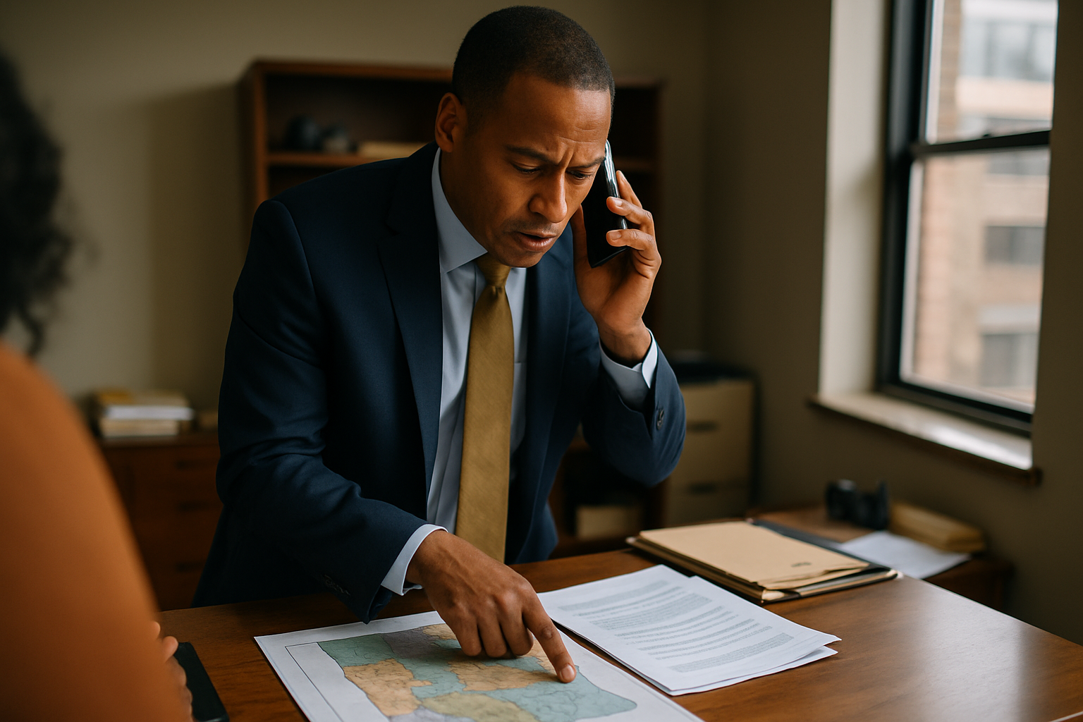 Attorney on phone, reviewing court papers and map showing jurisdictional boundaries.