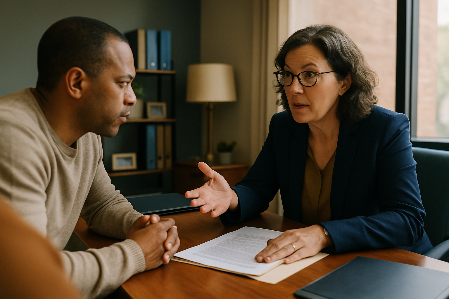 Attorney speaking to client across desk with documents visible, client listening attentively.