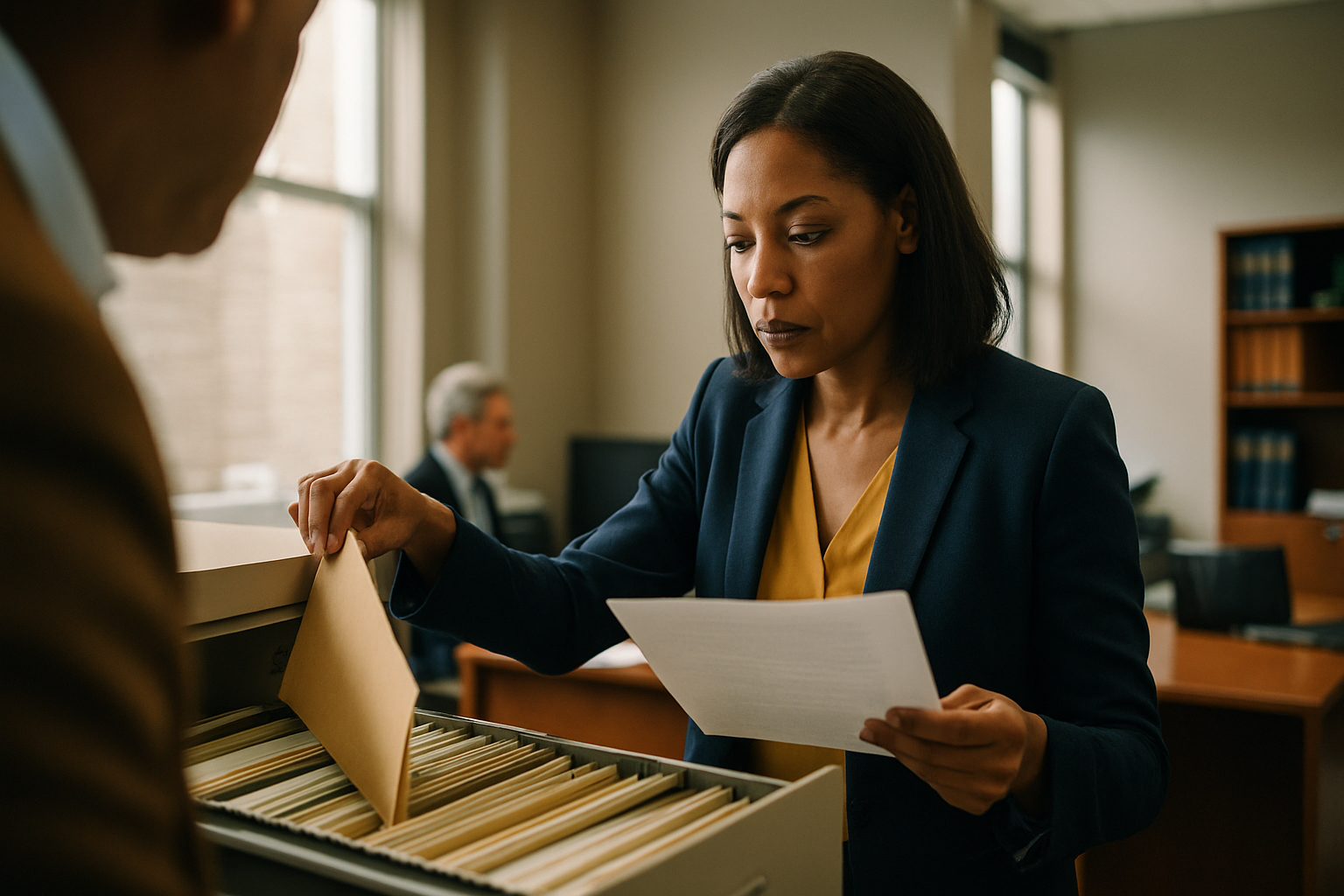 Office worker filing documents into a cabinet while reviewing a paper in hand.
