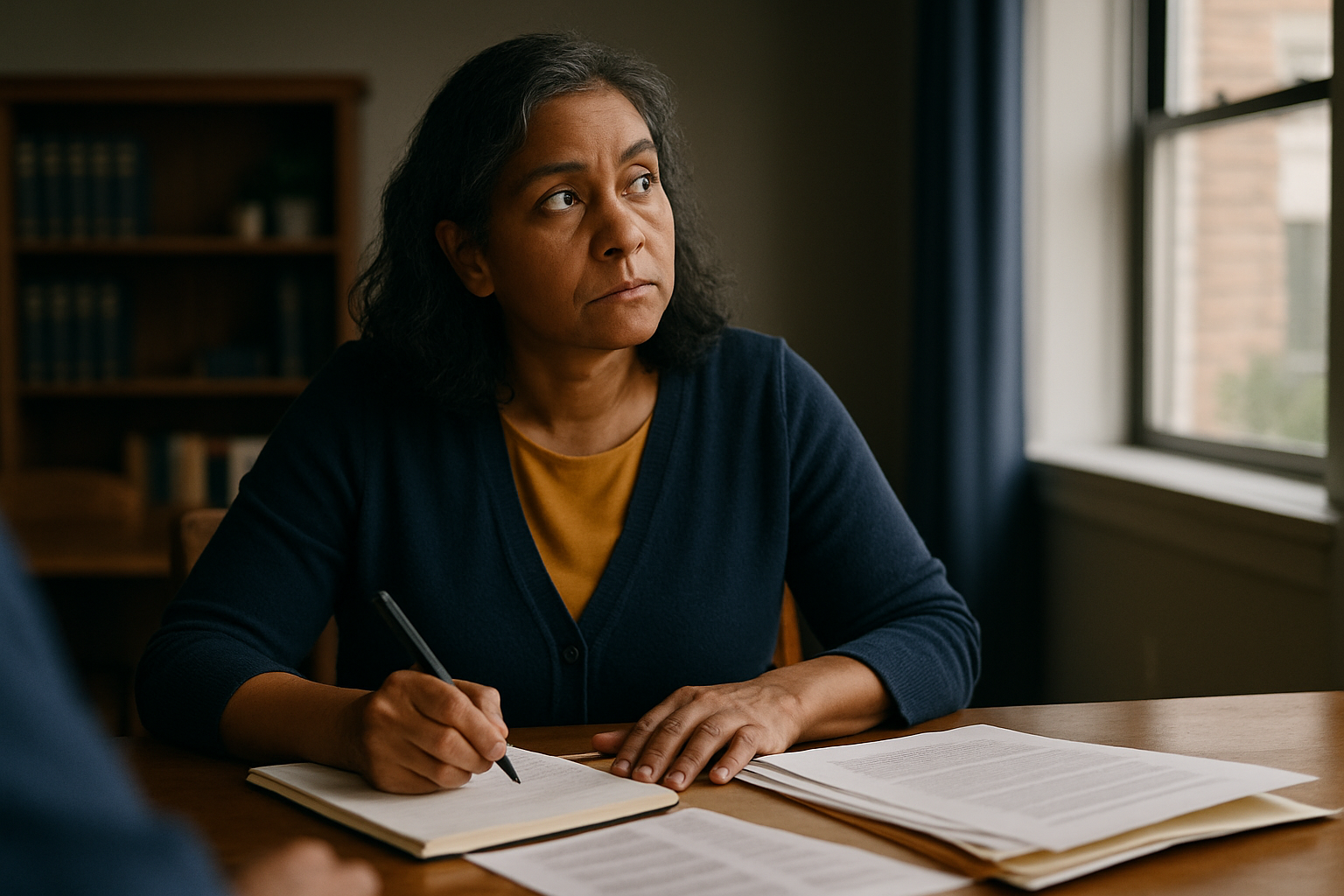 Person at home kitchen table with open folder and notebook, preparing documents.
