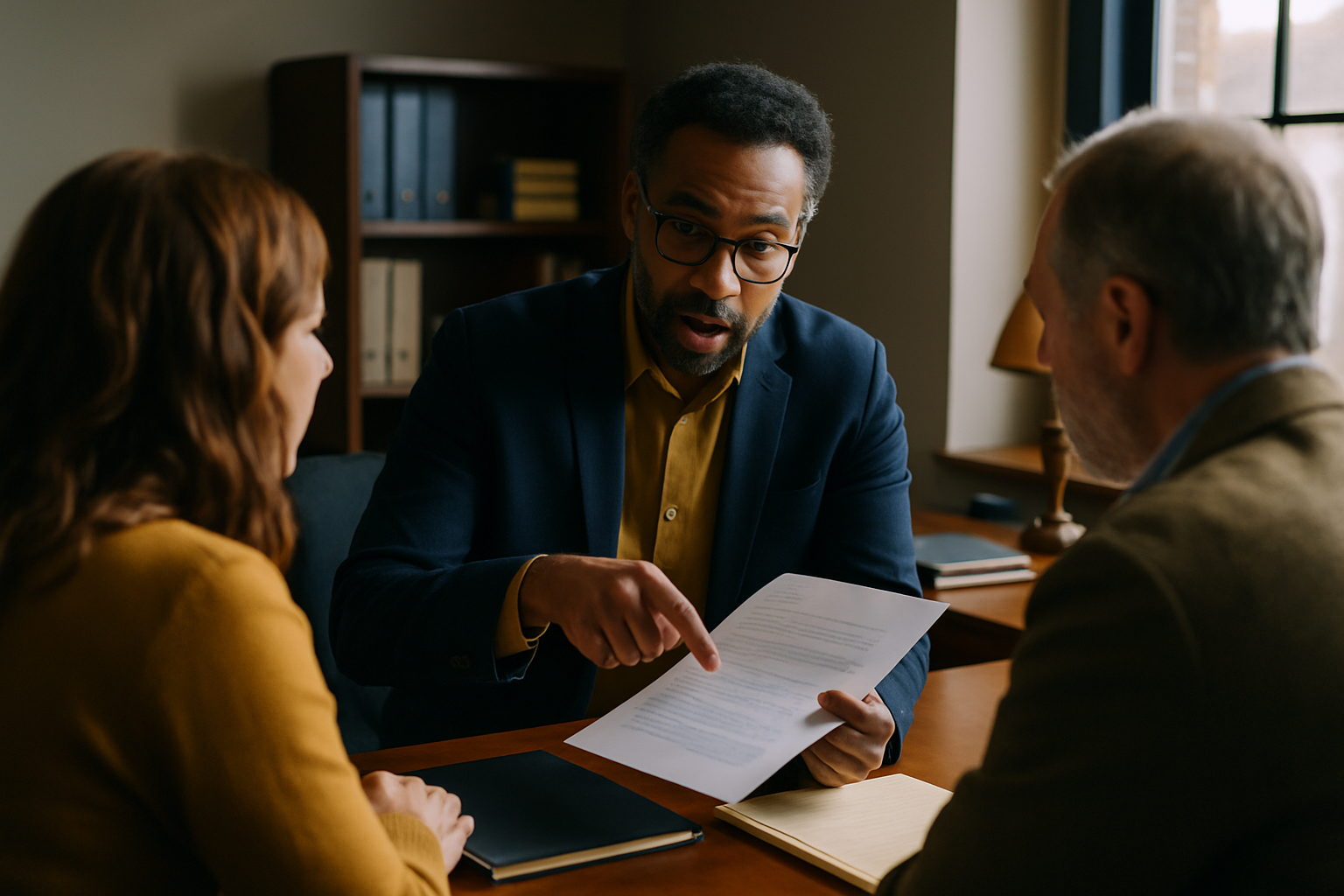 Legal professional standing and explaining document to two seated clients.