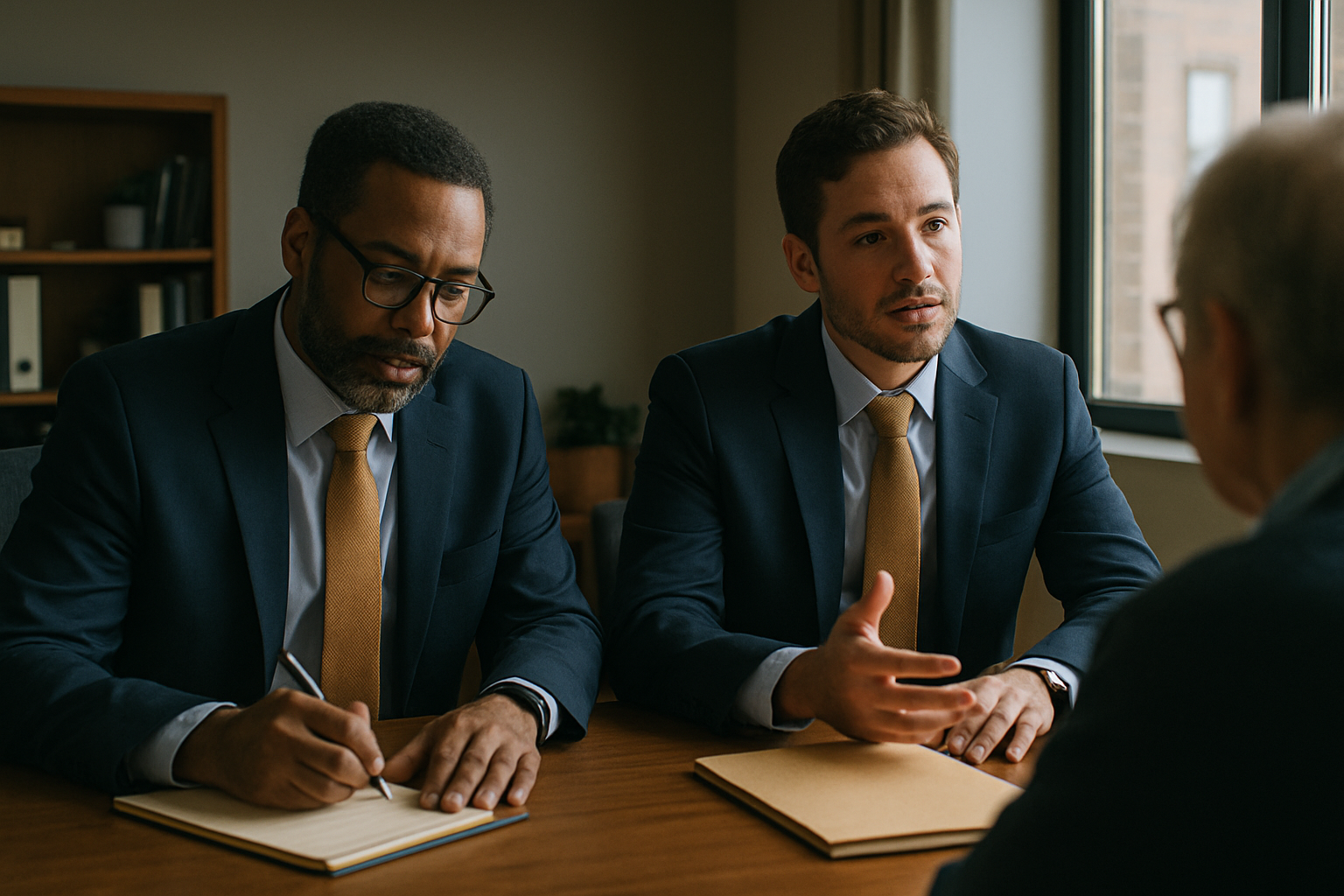 Two attorneys seated together at table, facing one client, both engaged in discussion.