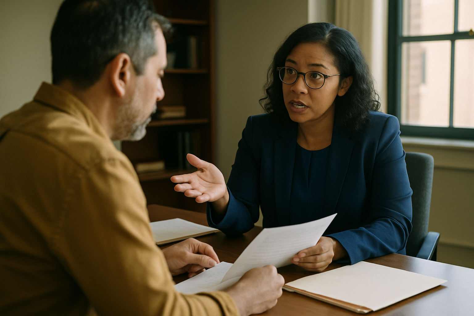 Attorney and client in conversation across a desk, papers and folder between them.