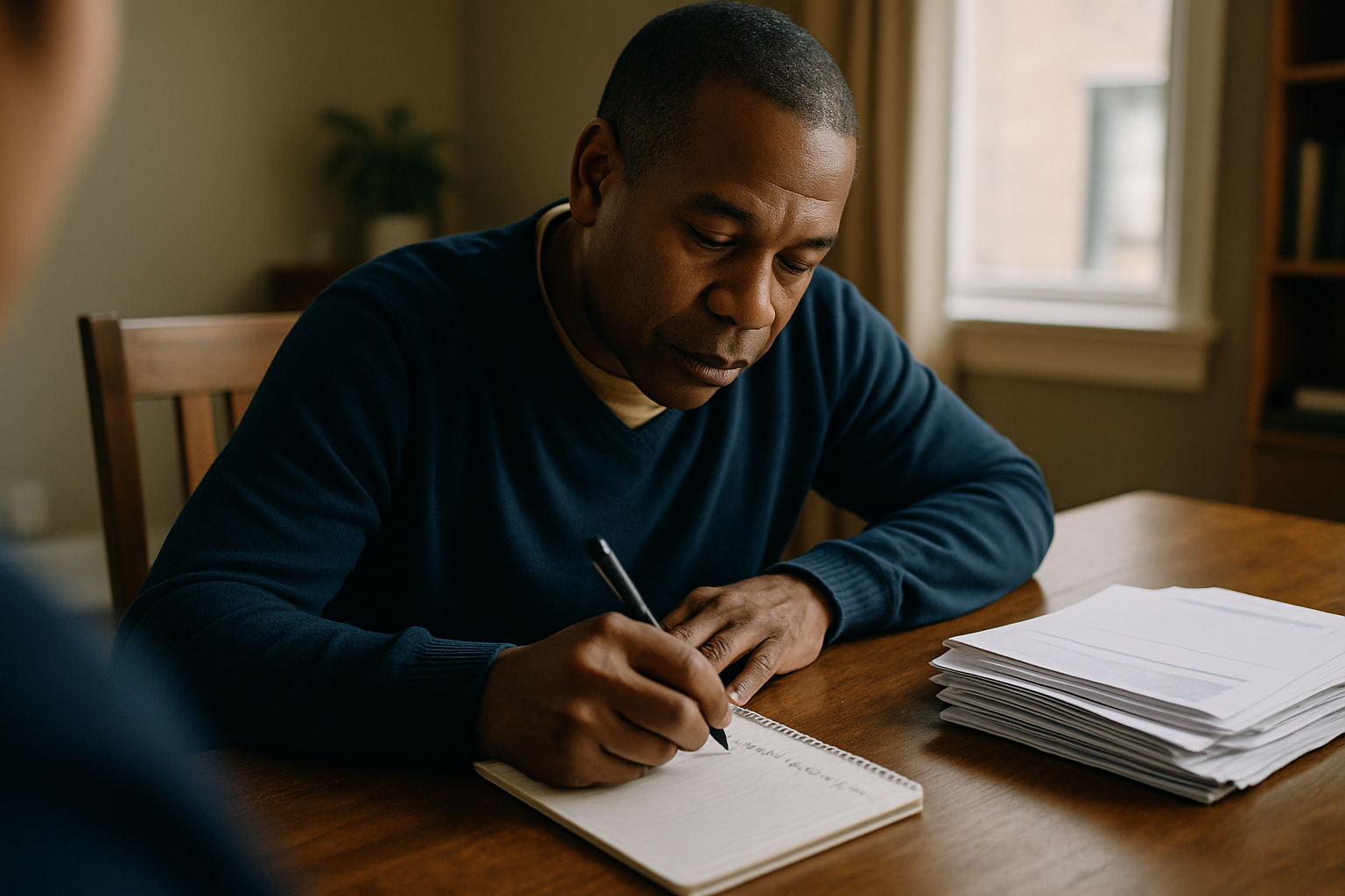 Person at a dining table with pen and notepad, beginning to organize financial documents.