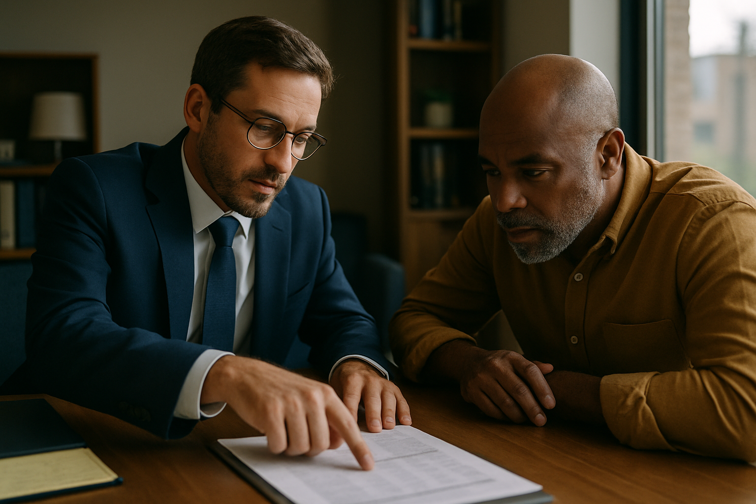 Lawyer pointing out details on a financial document to a client across the desk.