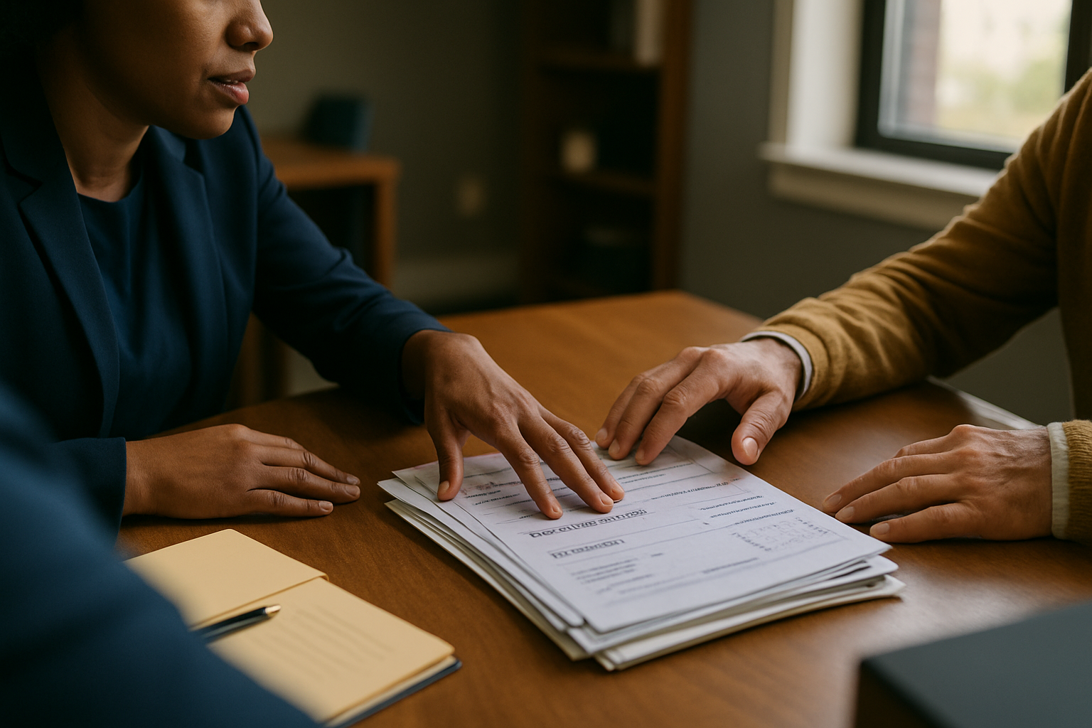 Two people's hands reaching across papers including mortgage statements and tax documents.