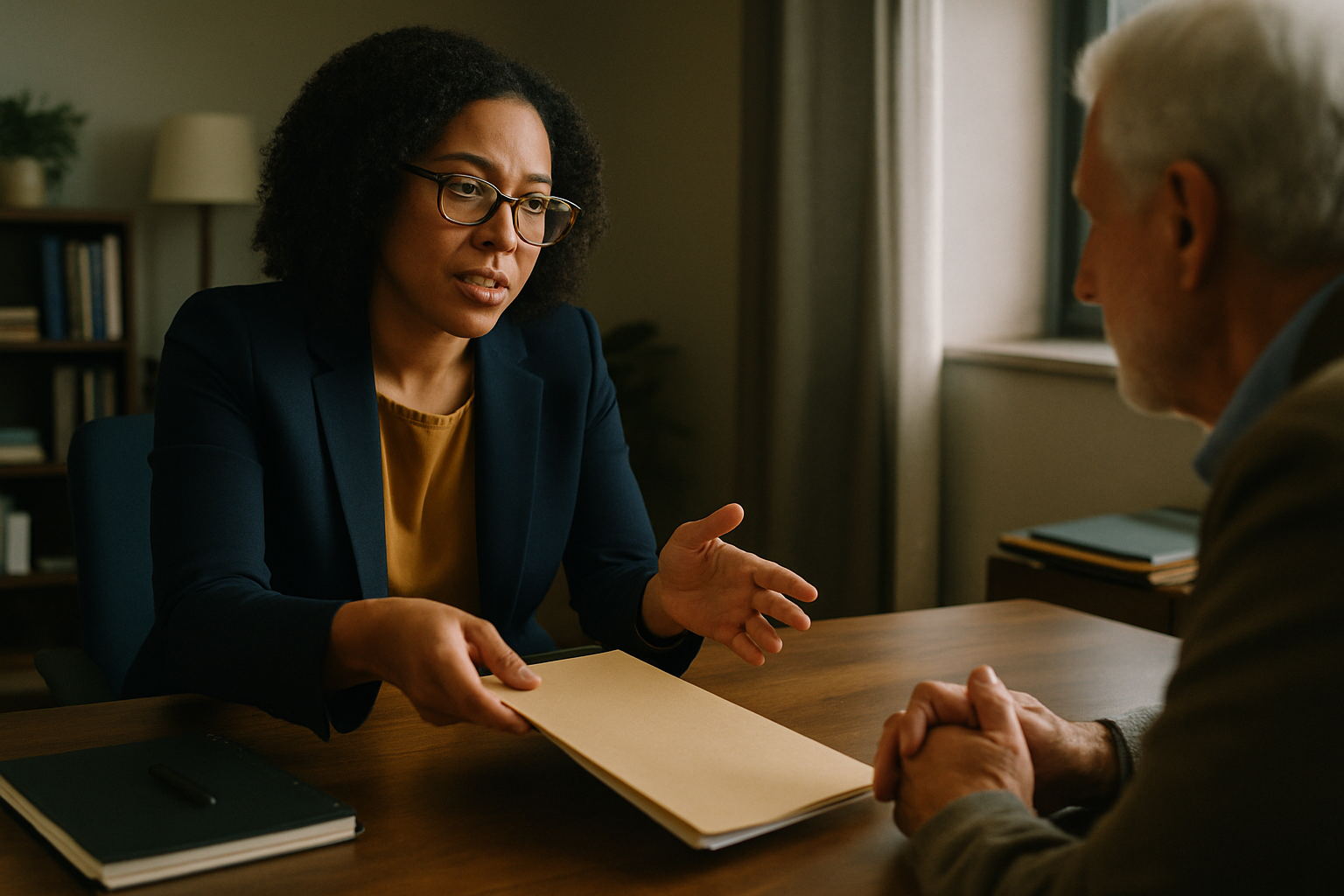 Legal professional handing folder to client across desk.