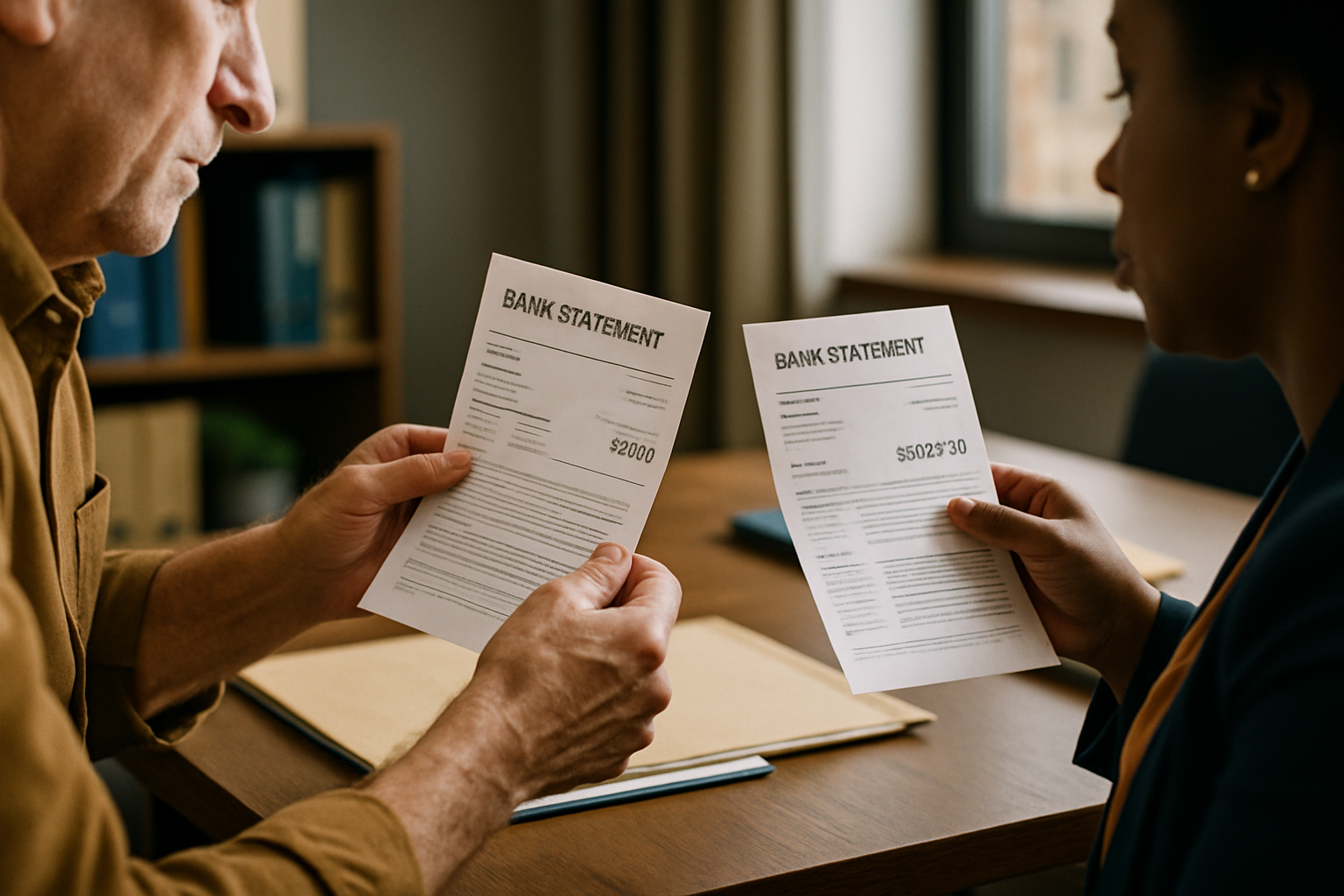 Hands holding and comparing two financial statements.