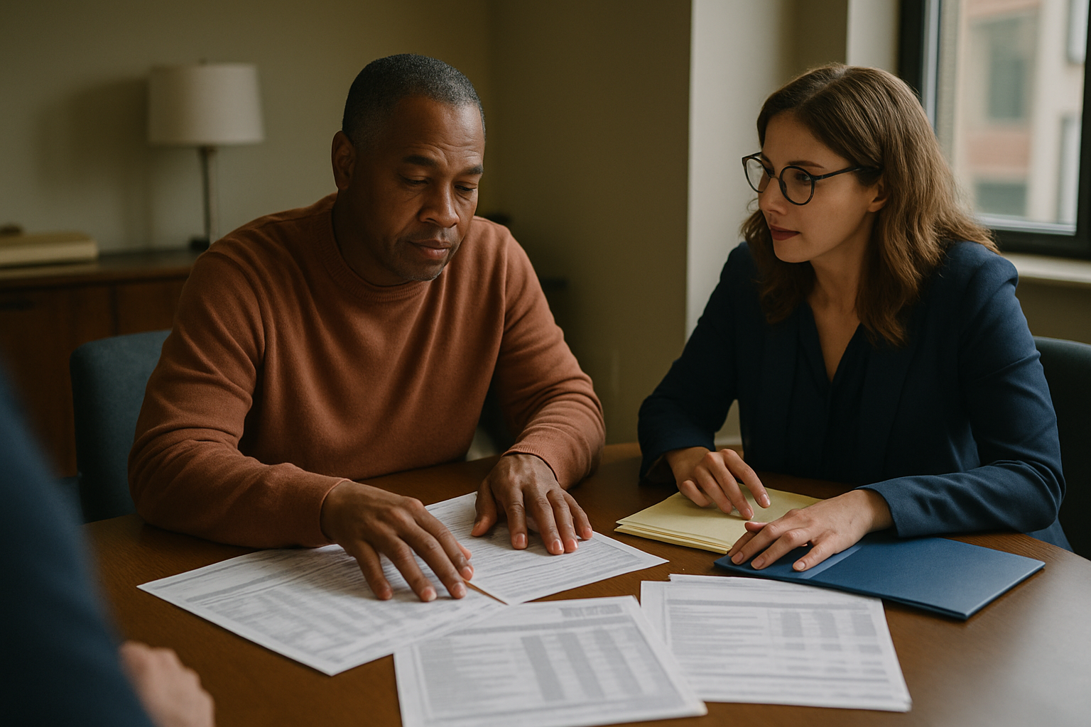 Client and advisor arranging financial documents on table.