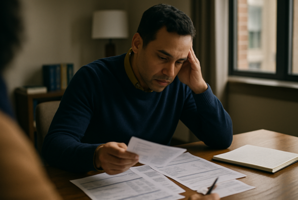 Person at desk reviewing financial papers and statements.