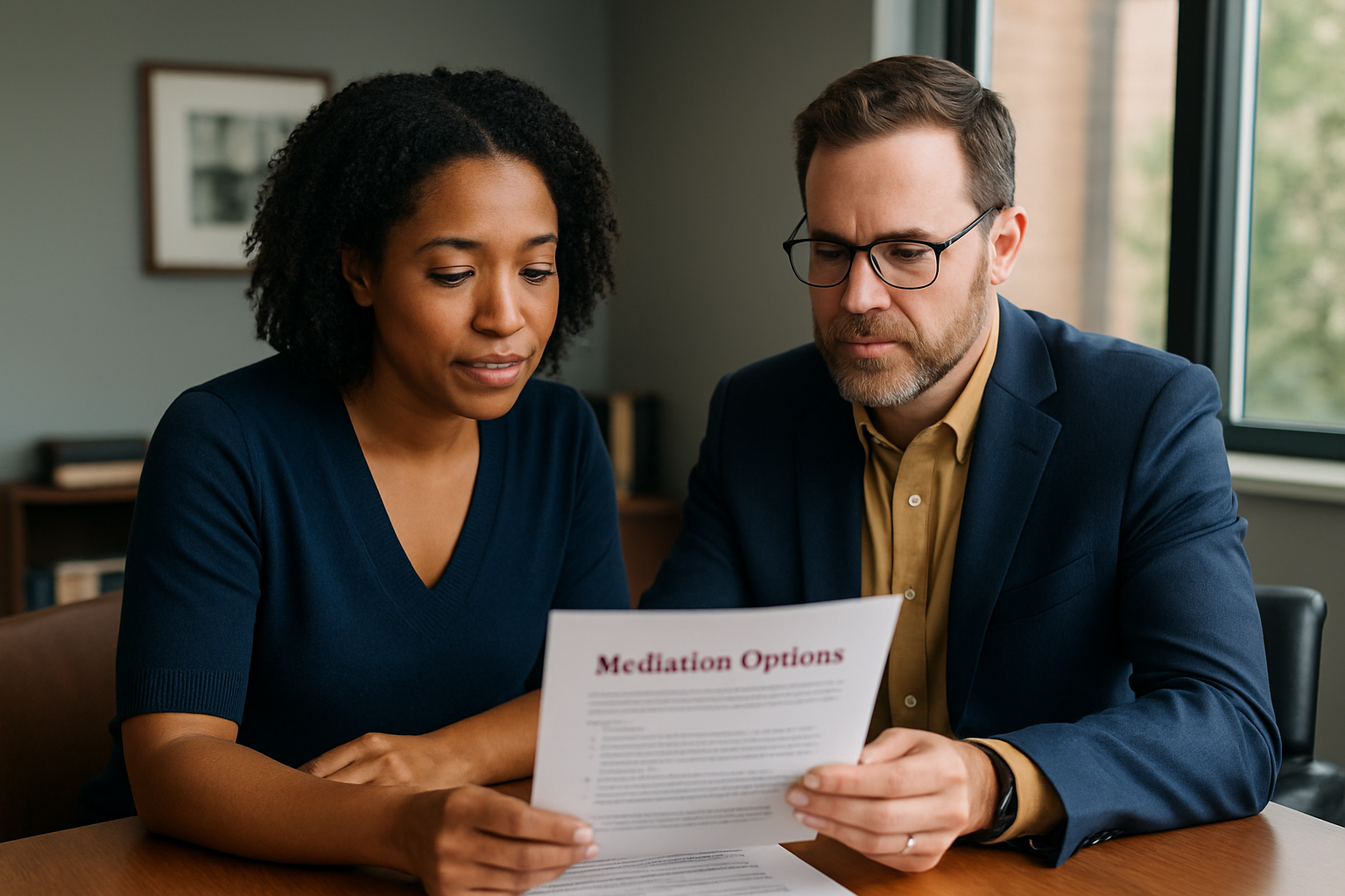 Attorney and client reviewing mediation materials and discussing options at a desk.