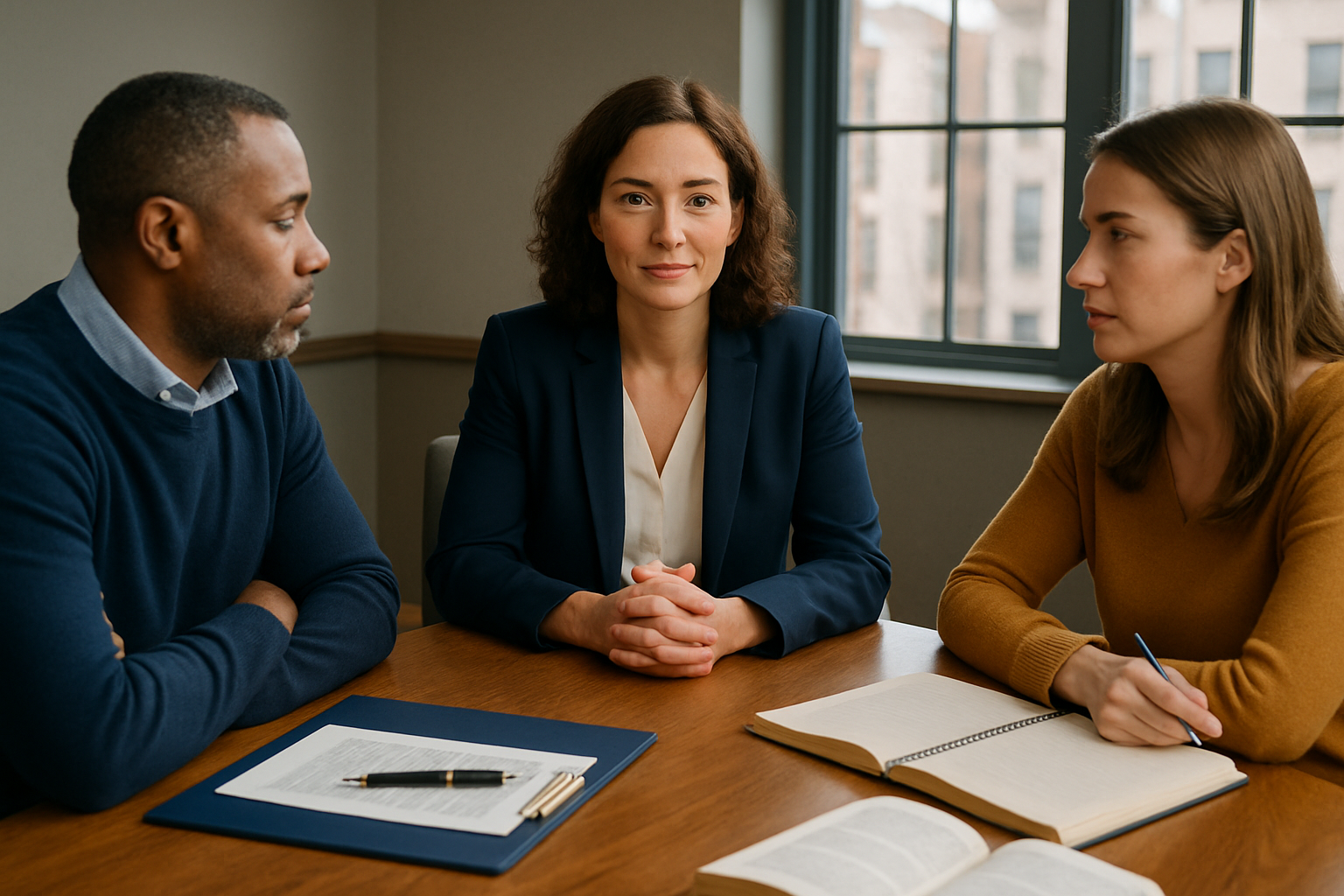 Mediator seated between two clients, each with documents and notepads during mediation.